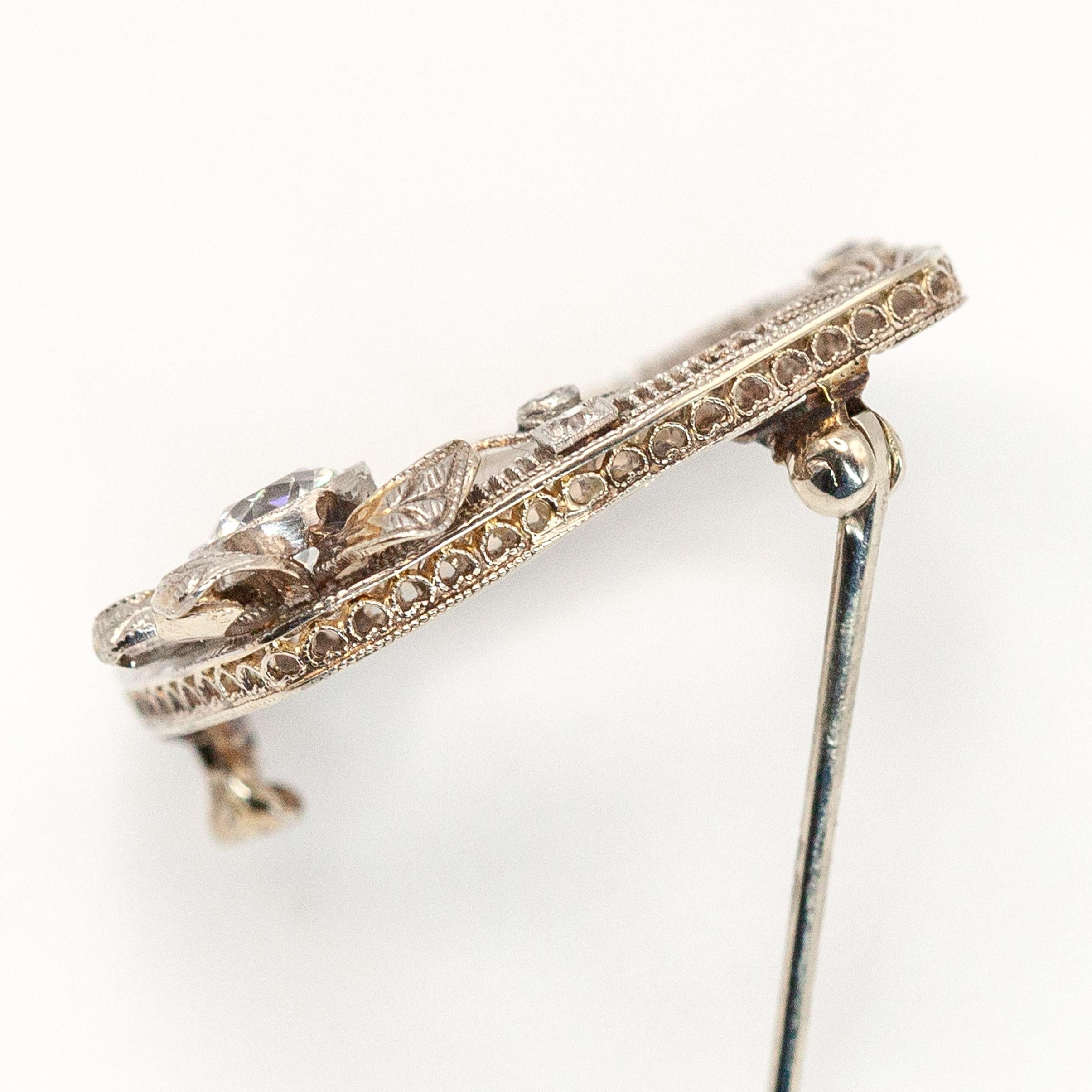 1920s 14K WG Diamond Filigree Wreath Pin Brooch For Sale 5