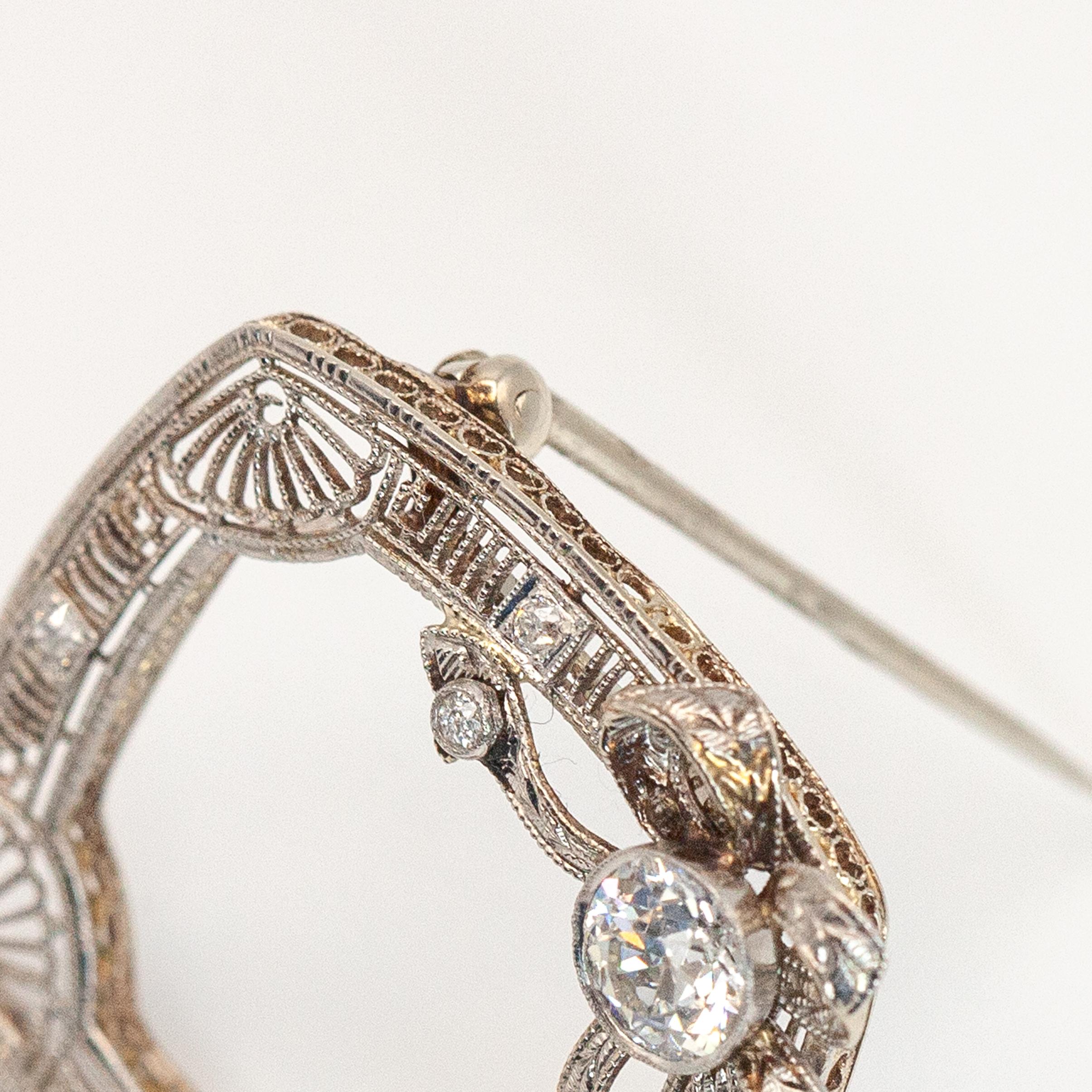 1920s 14K WG Diamond Filigree Wreath Pin Brooch For Sale 6