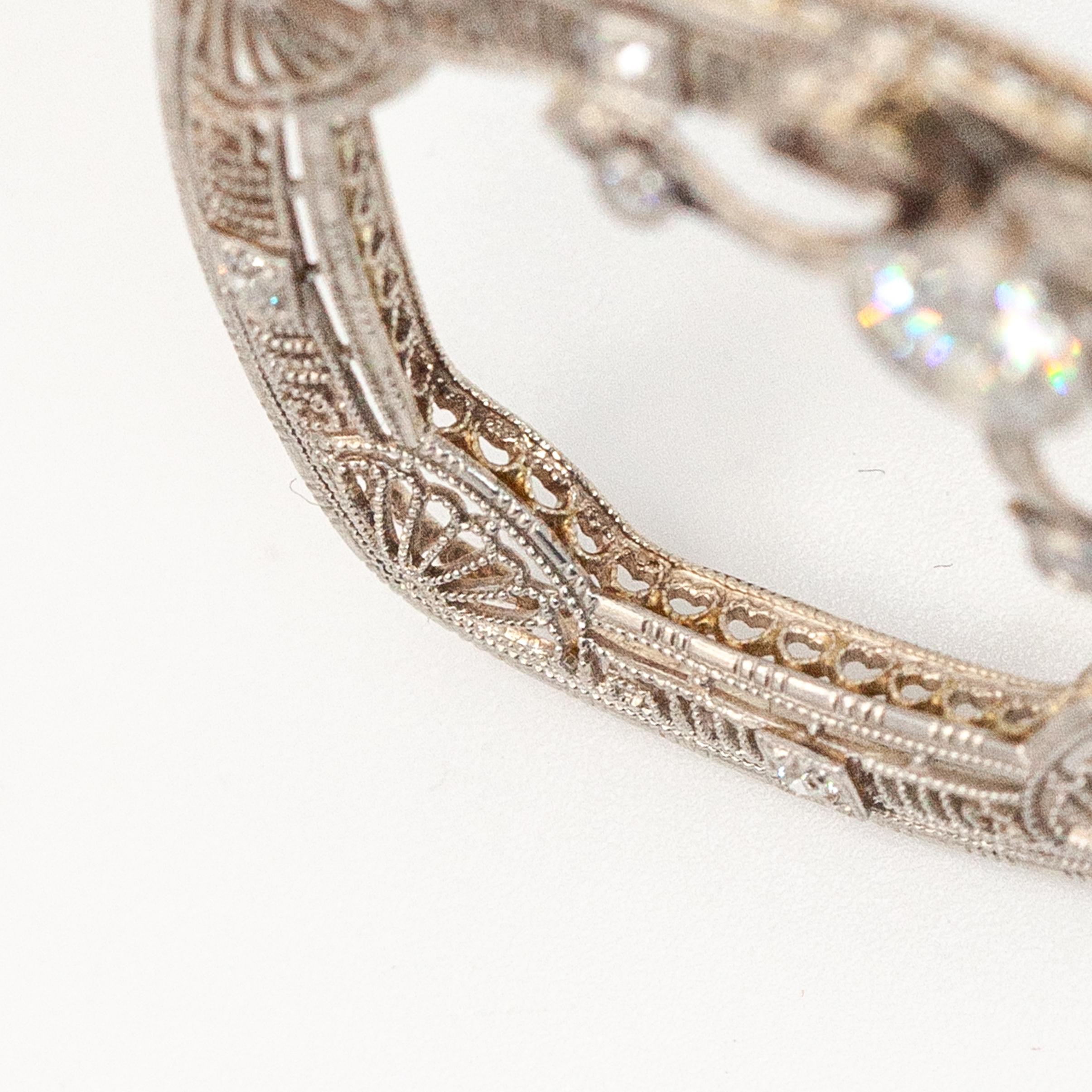 1920s 14K WG Diamond Filigree Wreath Pin Brooch For Sale 8
