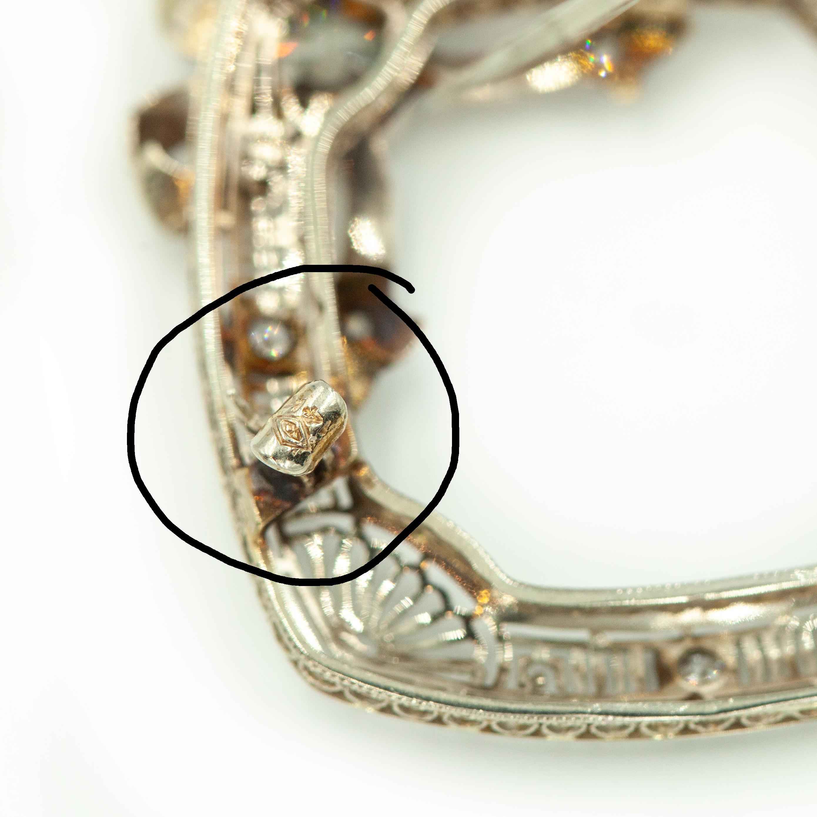 1920s 14K WG Diamond Filigree Wreath Pin Brooch For Sale 10