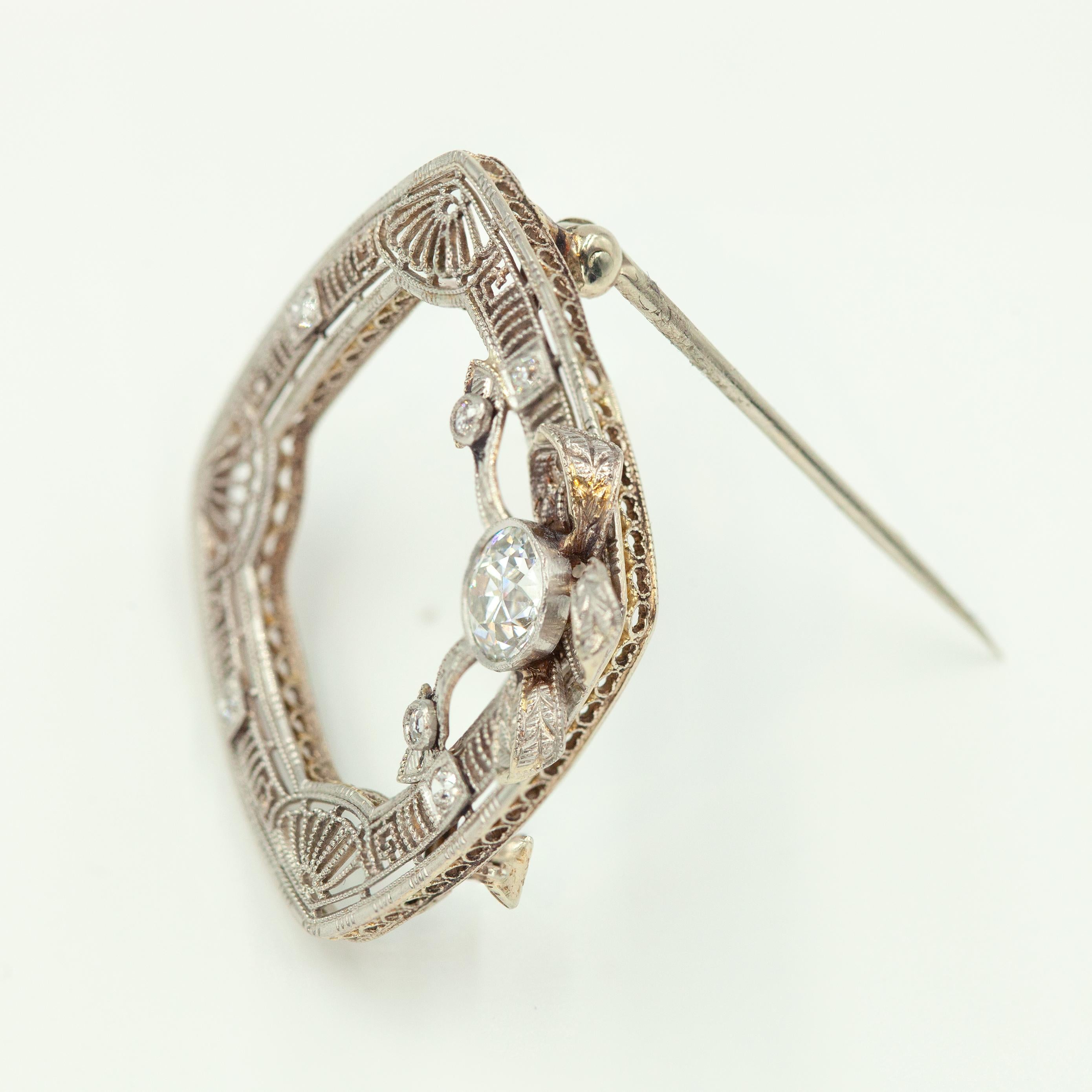 Art Deco 1920s 14K WG Diamond Filigree Wreath Pin Brooch For Sale