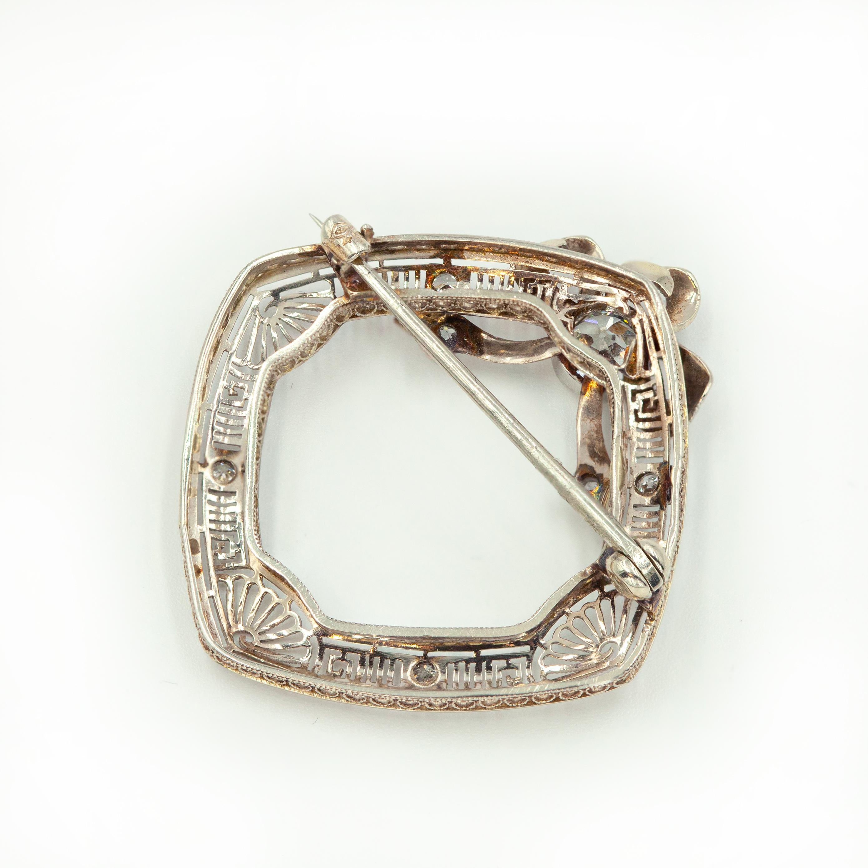 Old European Cut 1920s 14K WG Diamond Filigree Wreath Pin Brooch For Sale