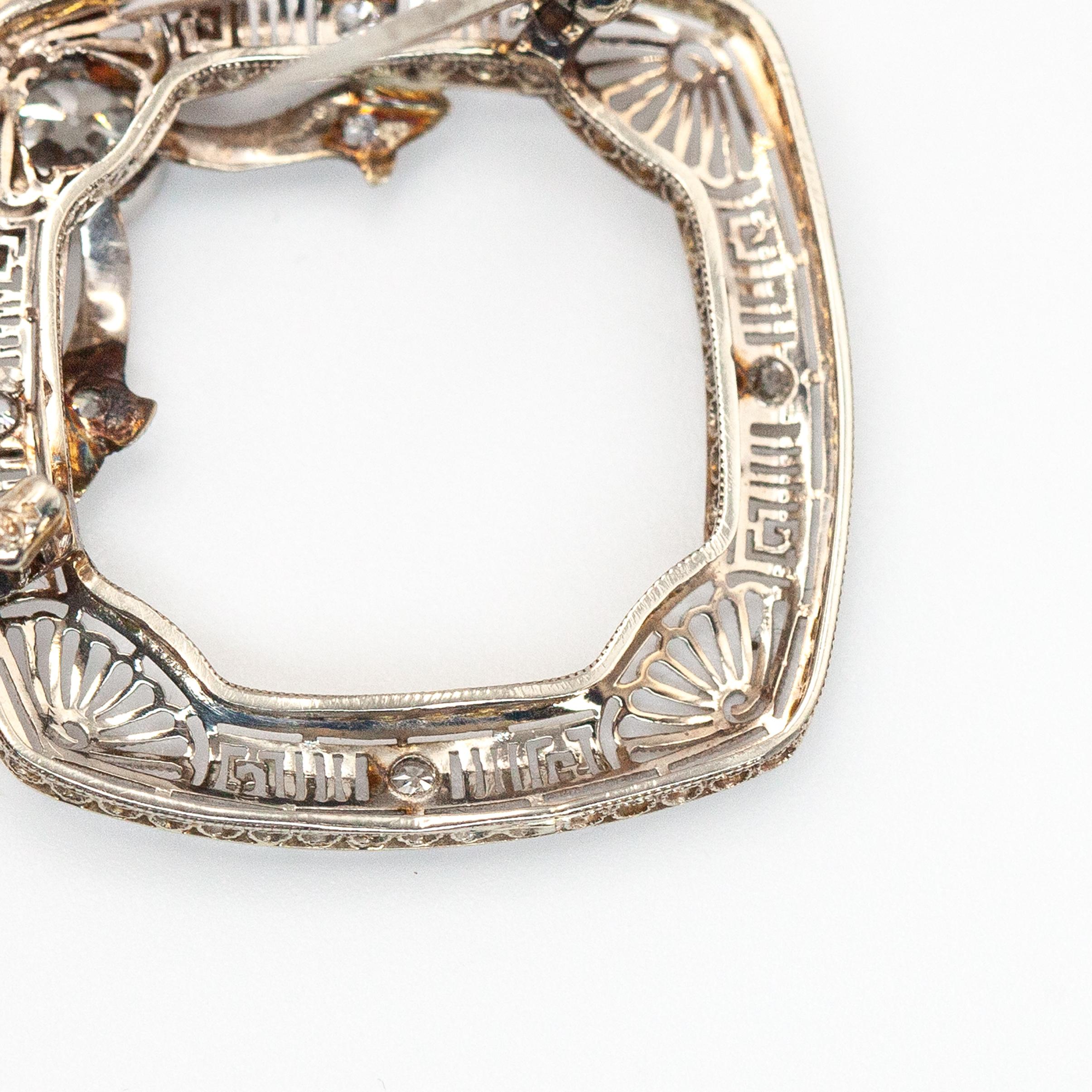 1920s 14K WG Diamond Filigree Wreath Pin Brooch For Sale 1