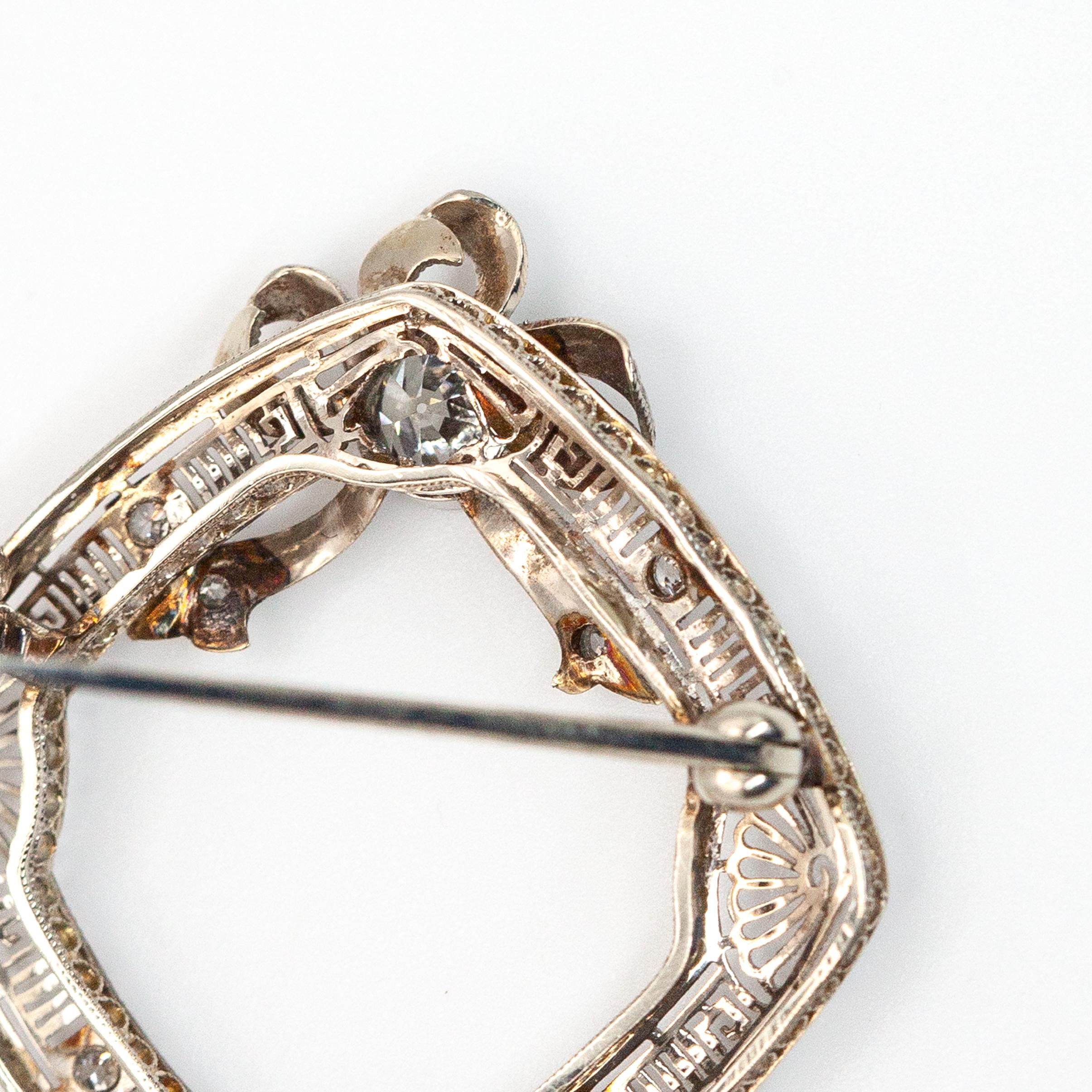 1920s 14K WG Diamond Filigree Wreath Pin Brooch For Sale 2