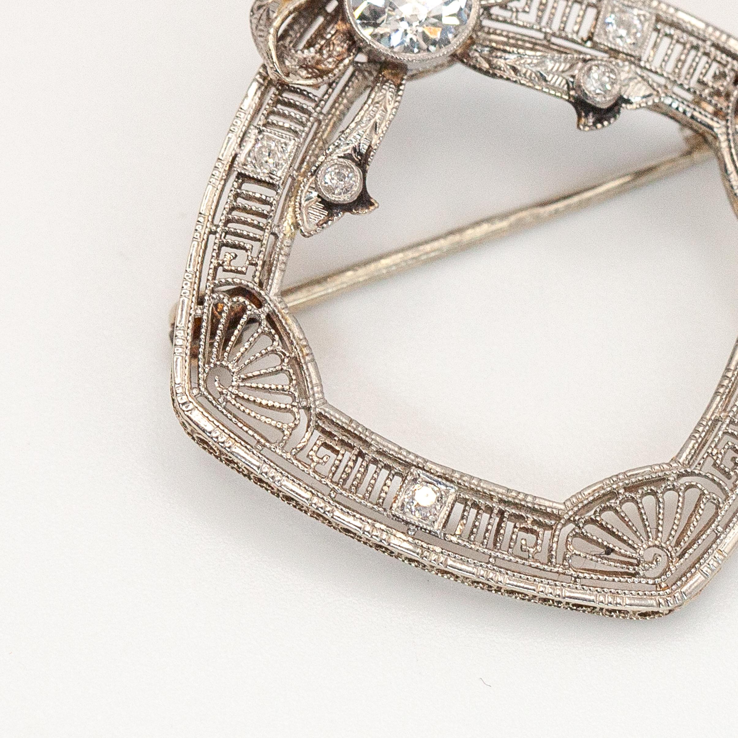 1920s 14K WG Diamond Filigree Wreath Pin Brooch For Sale 3