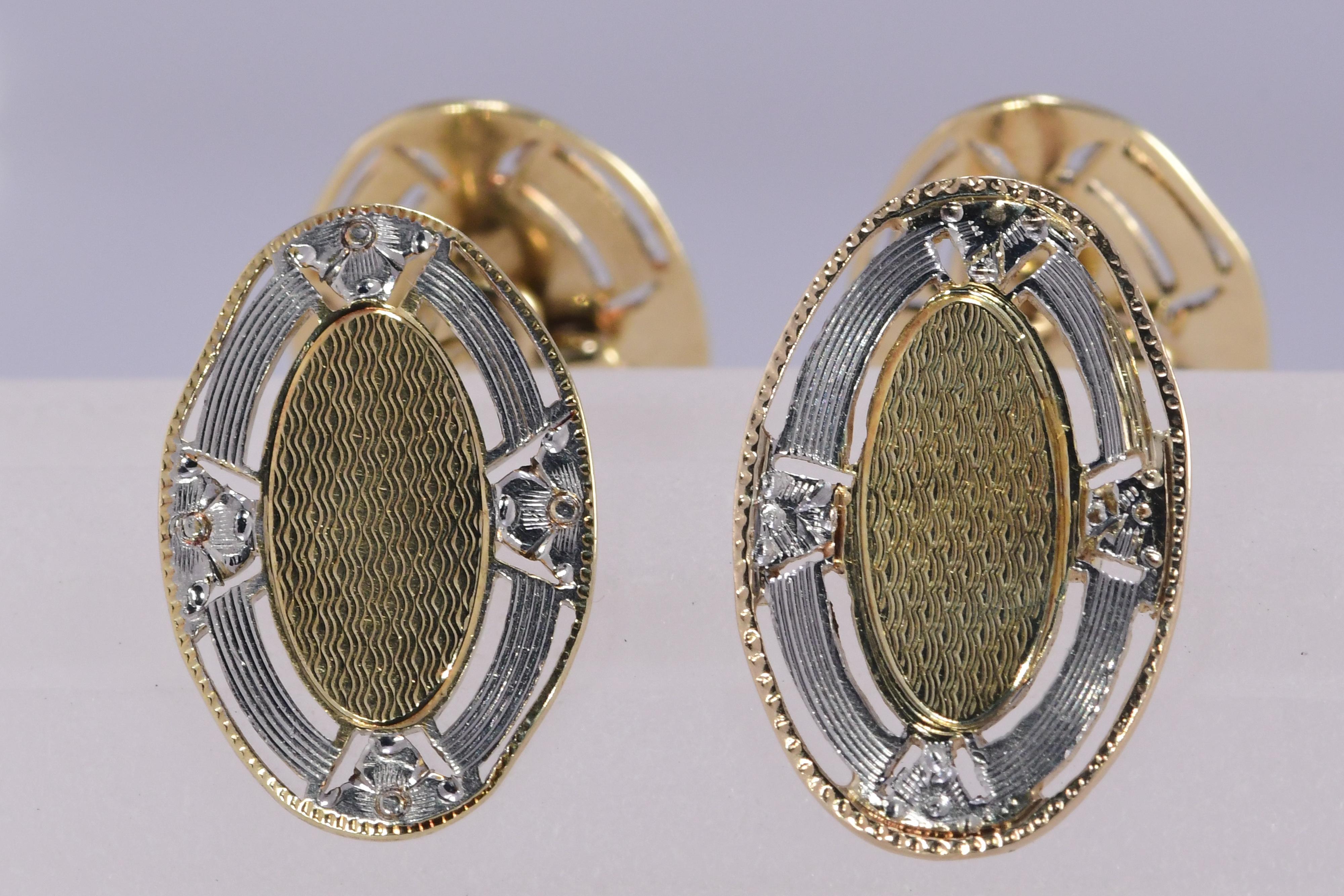 Art Deco 1920s 14 Karat Two-Tone Diamond Cufflinks .08 Carat 6.9 Grams