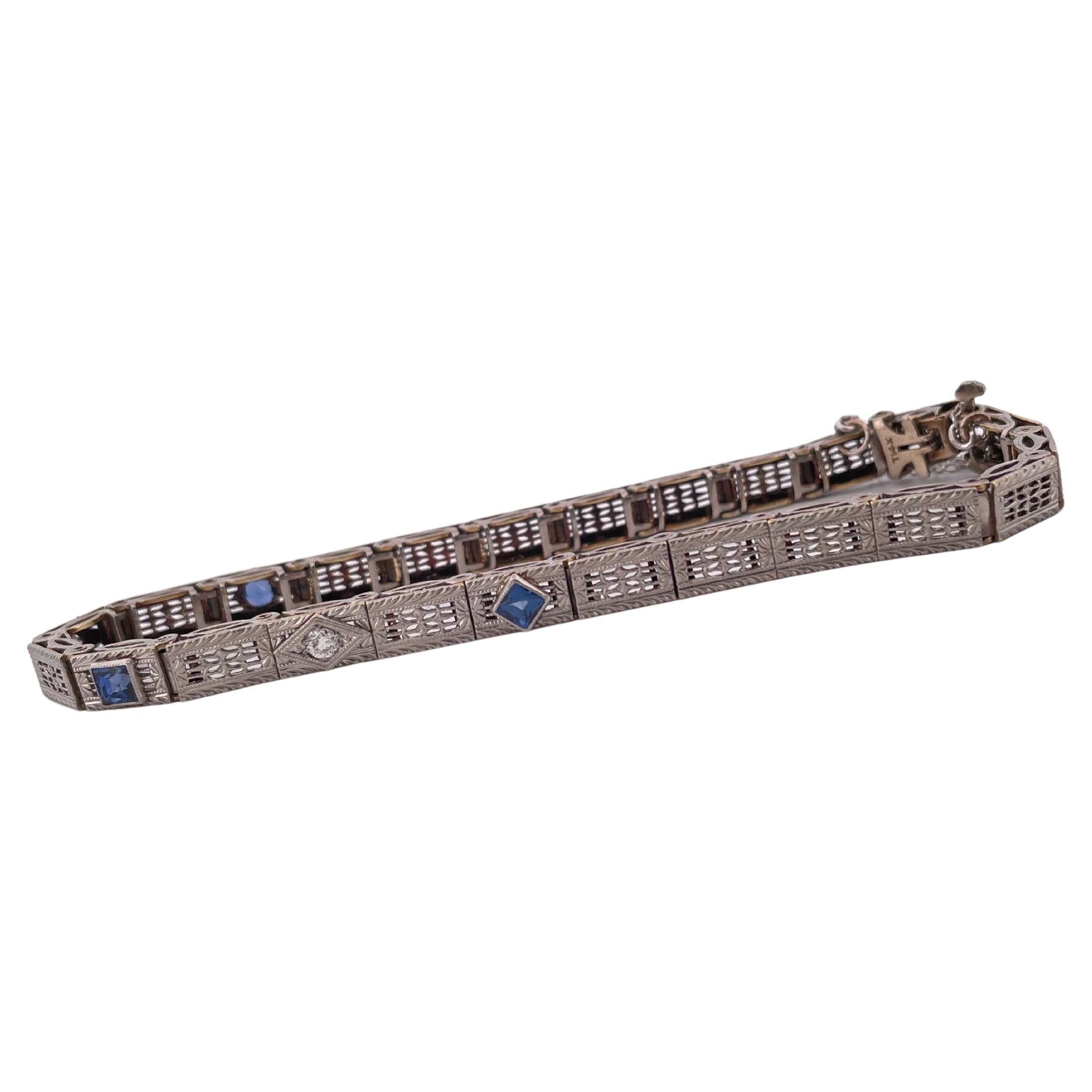 1920er Jahre 14k Weißgold 0,10ctw Diamant & 0,20ctw Saphir-Armband (Art déco) im Angebot