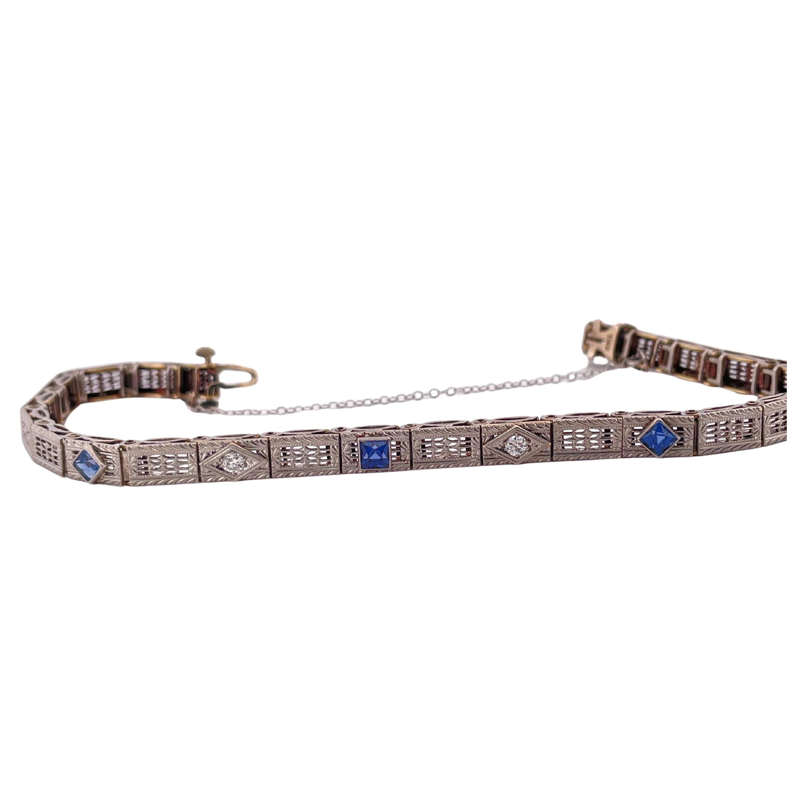 1920er Jahre 14k Weißgold 0,10ctw Diamant & 0,20ctw Saphir-Armband für Damen oder Herren im Angebot