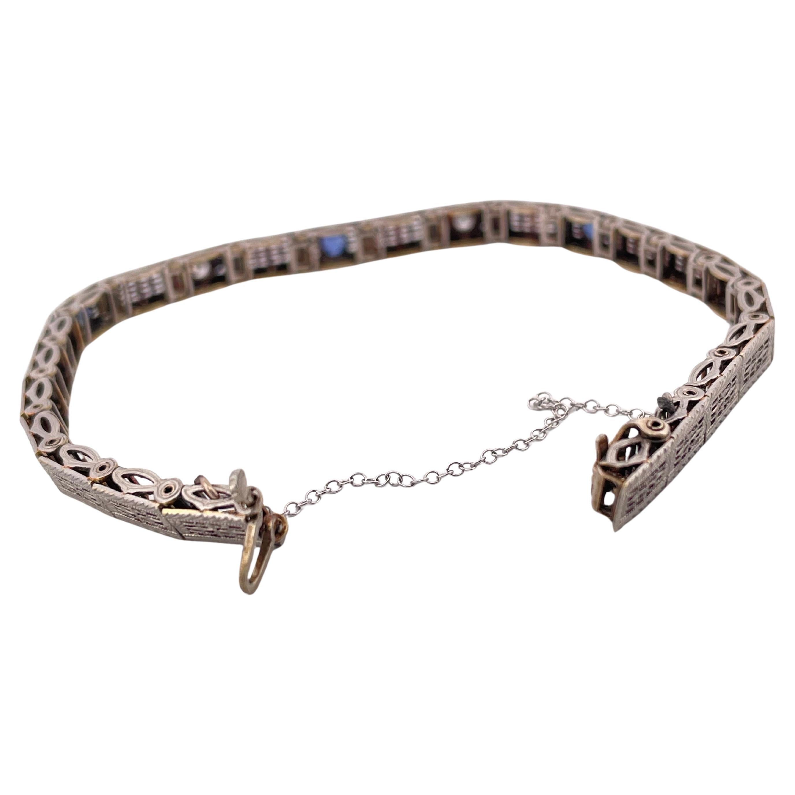 1920er Jahre 14k Weißgold 0,10ctw Diamant & 0,20ctw Saphir-Armband im Angebot 1