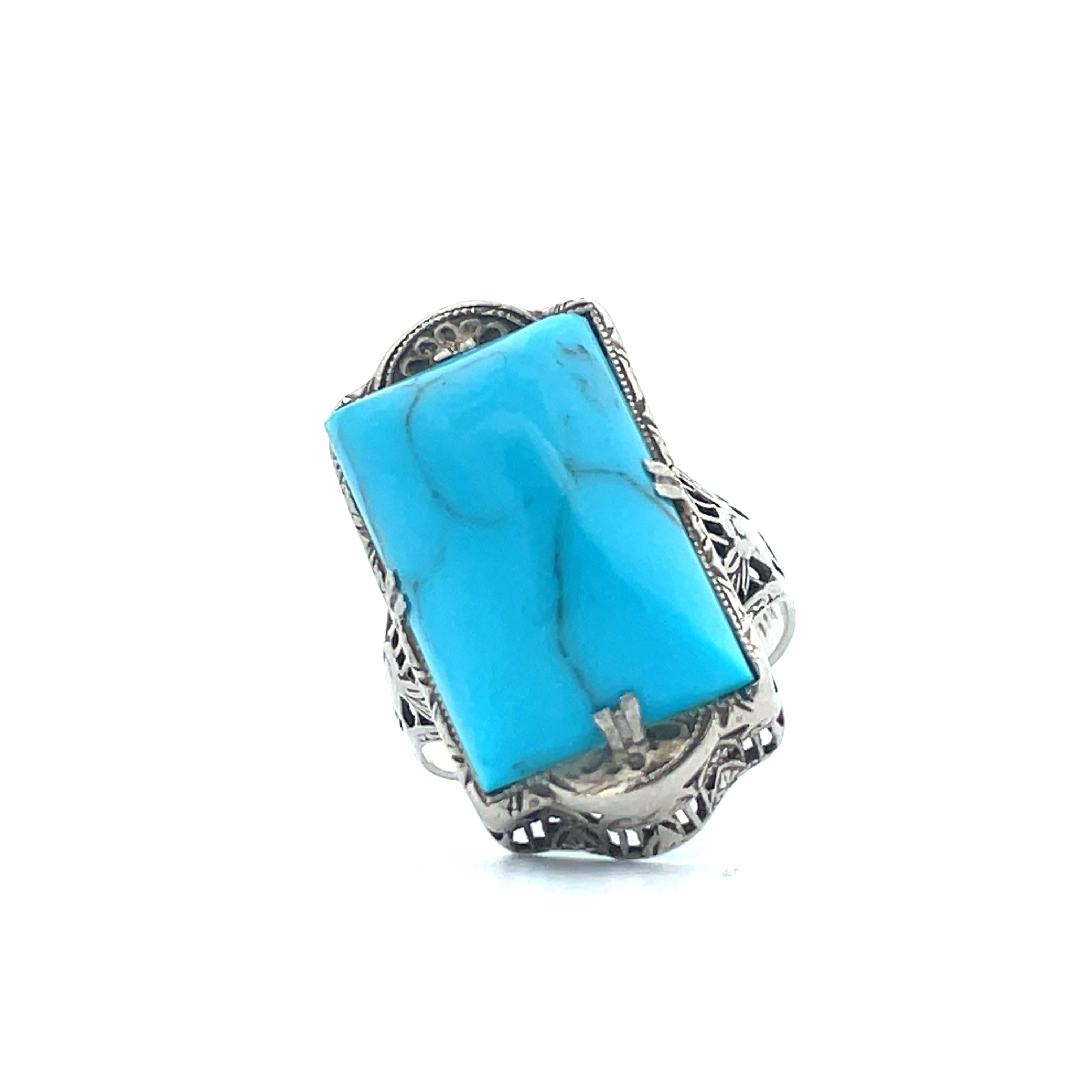 Women's or Men's  1920s 14k White Gold and Turquoise Cabochon Filigree Ring 