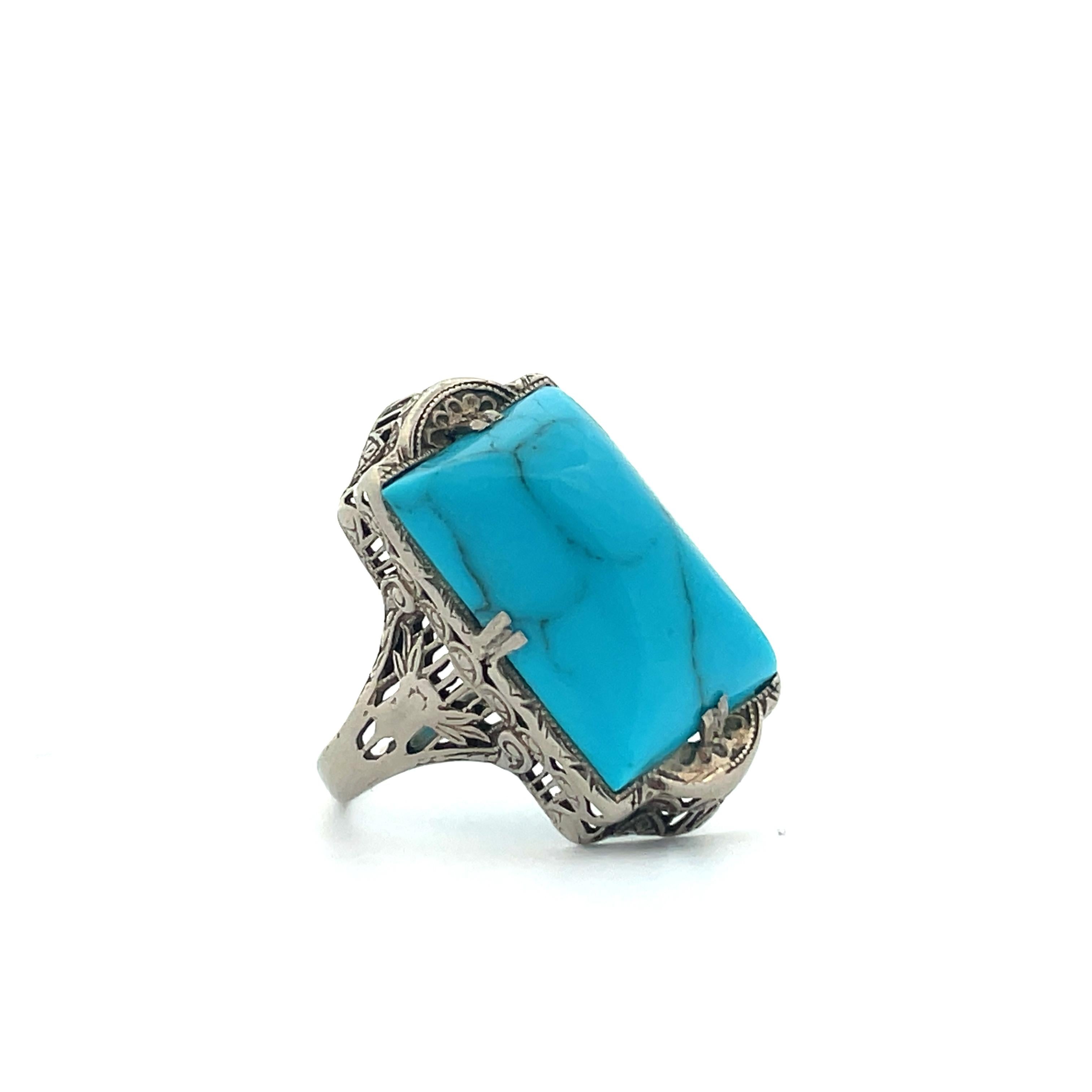 1920s 14k White Gold and Turquoise Cabochon Filigree Ring  1