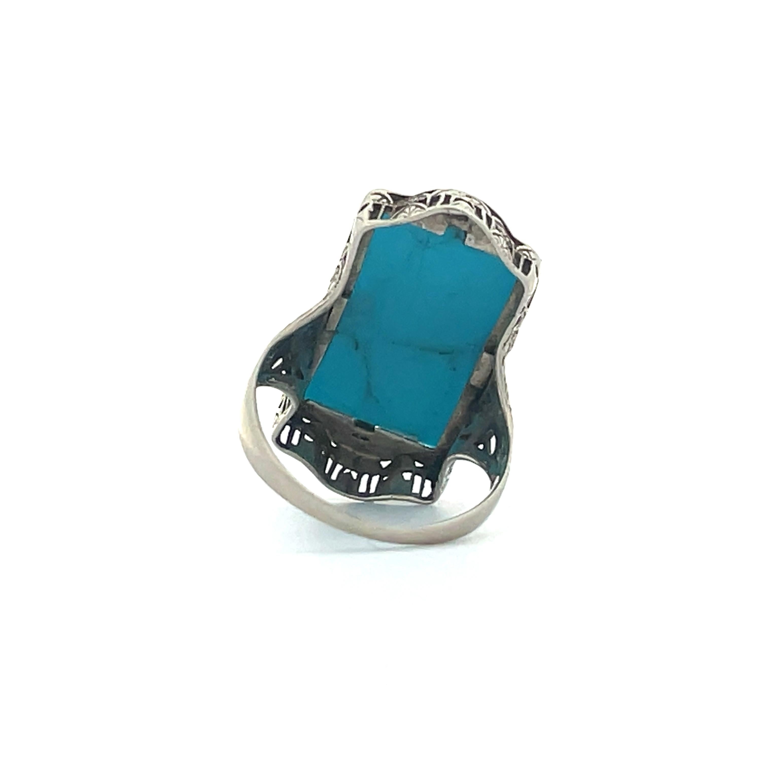  1920s 14k White Gold and Turquoise Cabochon Filigree Ring  2