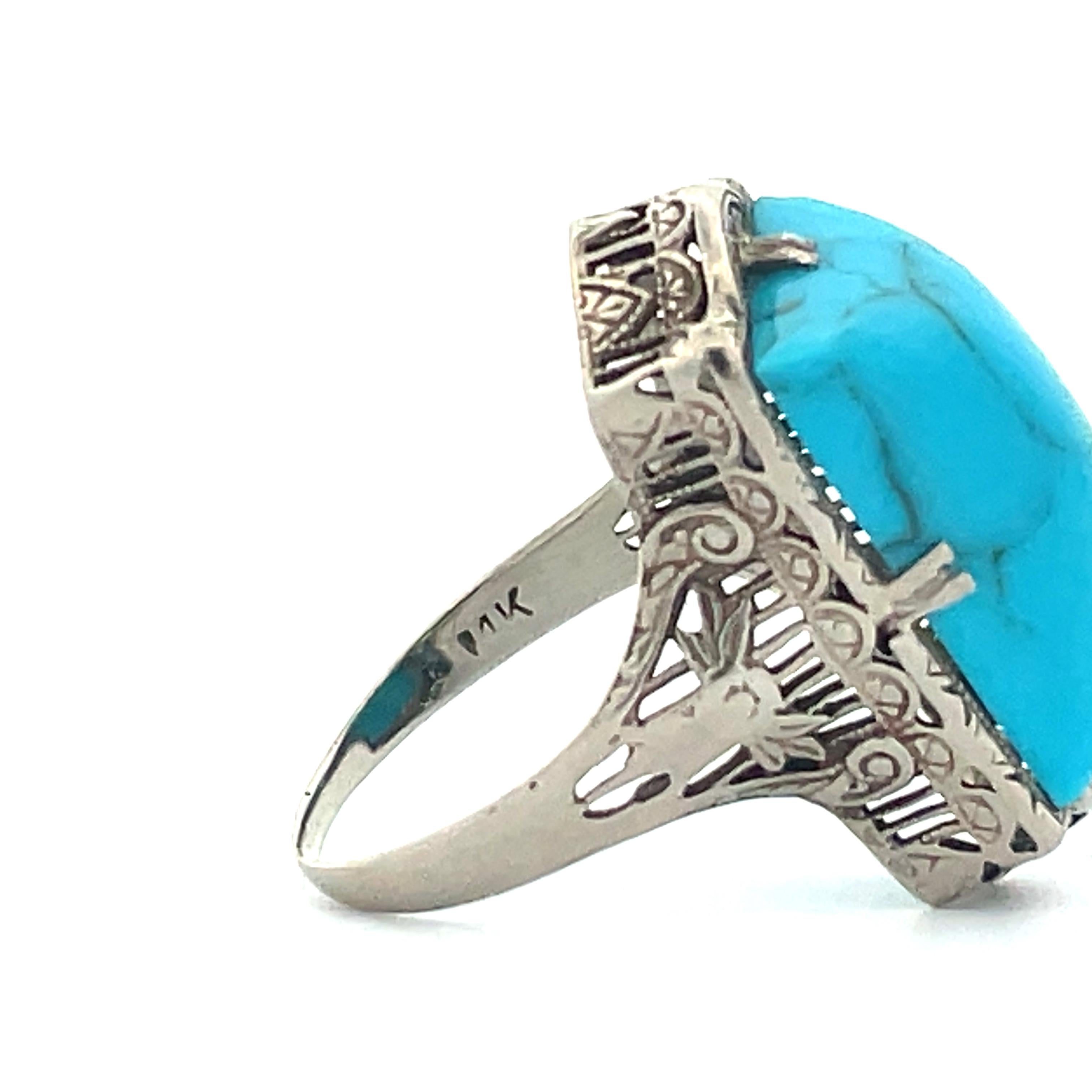  1920s 14k White Gold and Turquoise Cabochon Filigree Ring  3