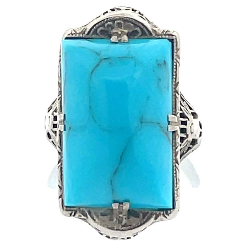  1920s 14k White Gold and Turquoise Cabochon Filigree Ring 