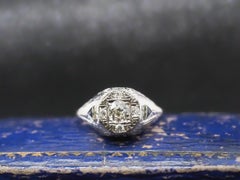 1920s 14K White Gold Art Deco Old European Diamond Ring with Sapphire Accents
