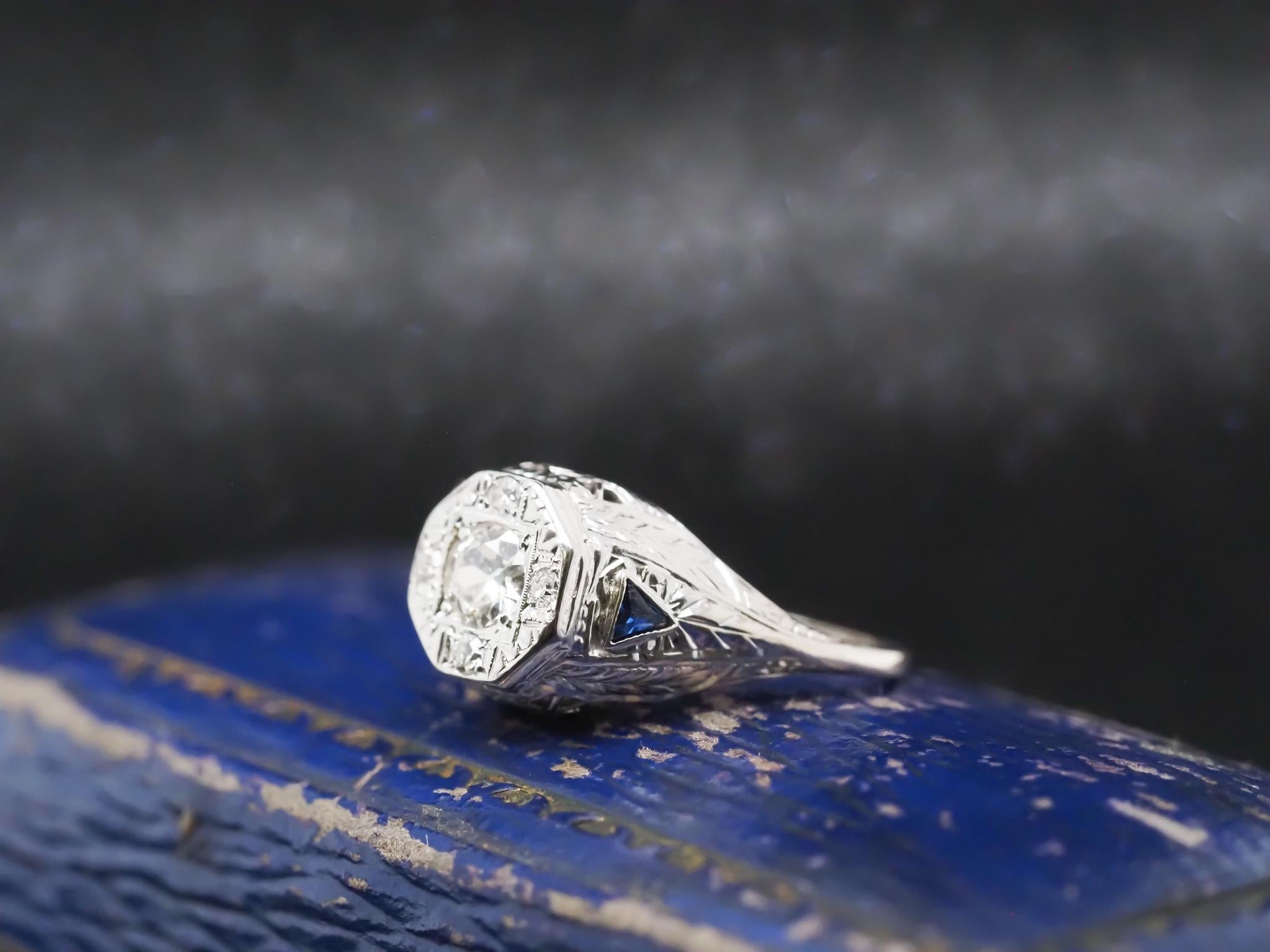 Old European Cut 1920s 14K White Gold Art Deco Old European Diamond Ring with Sapphire Accents For Sale