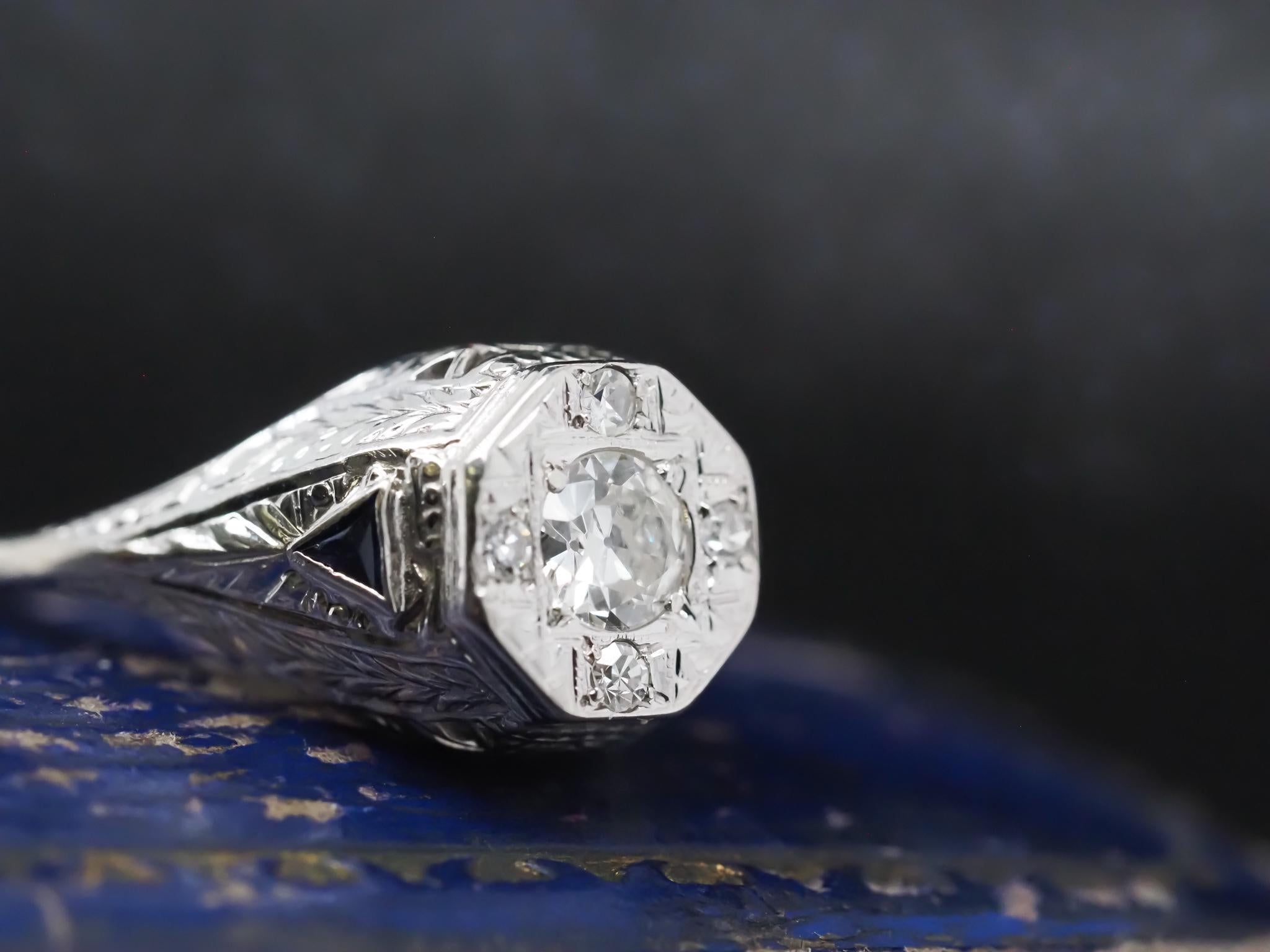 1920s 14K White Gold Art Deco Old European Diamond Ring with Sapphire Accents In Good Condition For Sale In Hicksville, NY