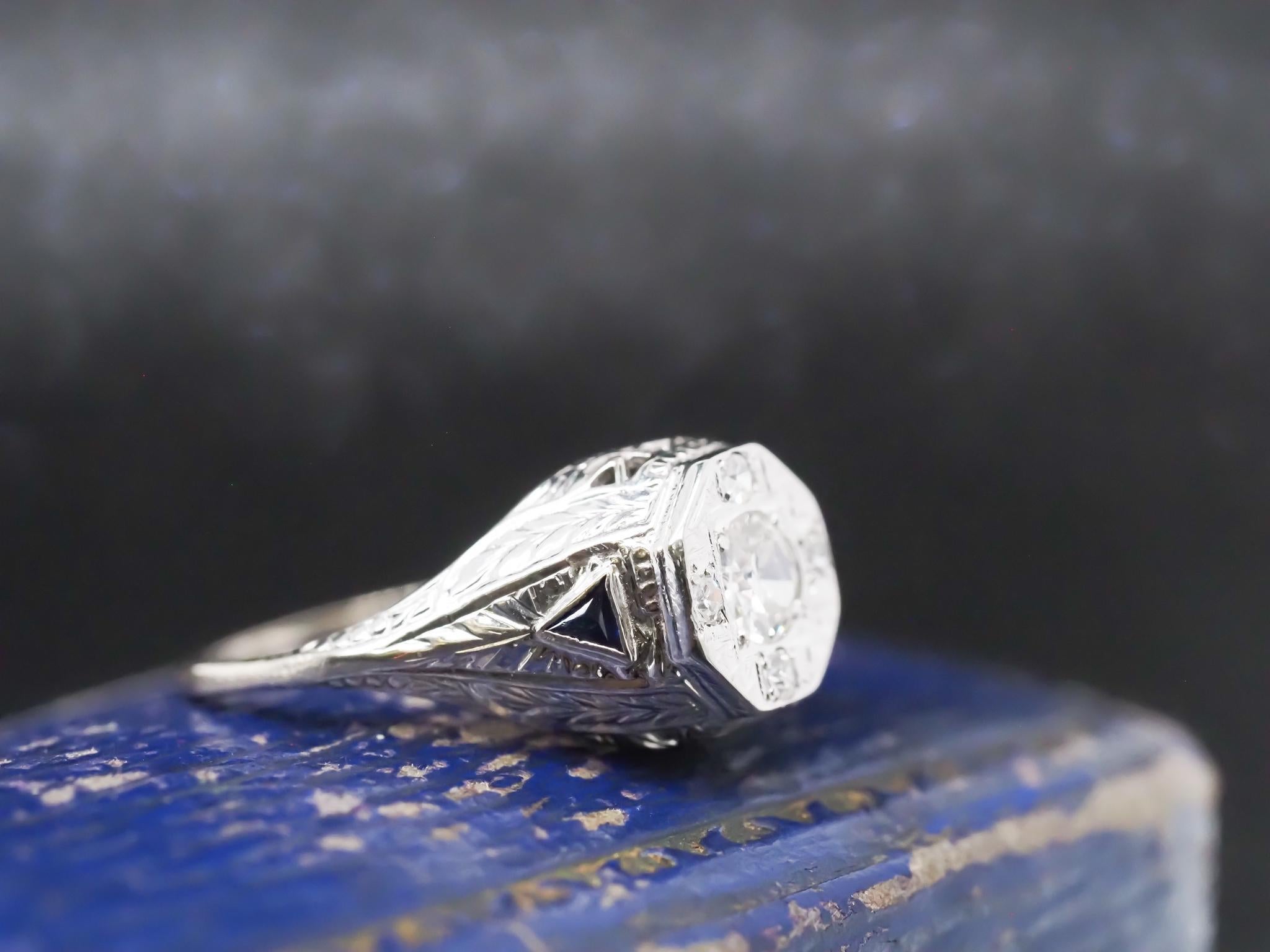 Women's 1920s 14K White Gold Art Deco Old European Diamond Ring with Sapphire Accents For Sale