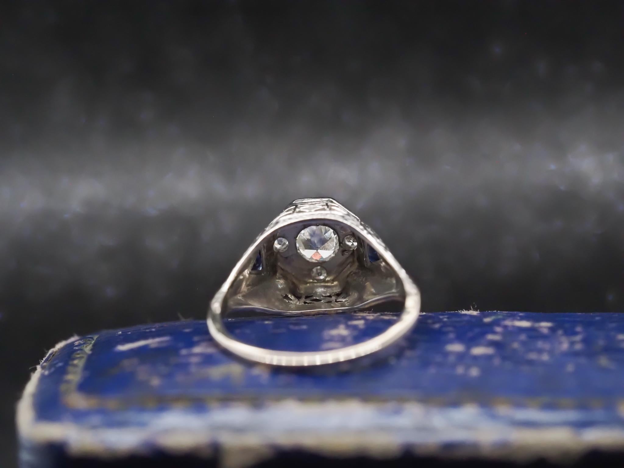 1920s 14K White Gold Art Deco Old European Diamond Ring with Sapphire Accents For Sale 2