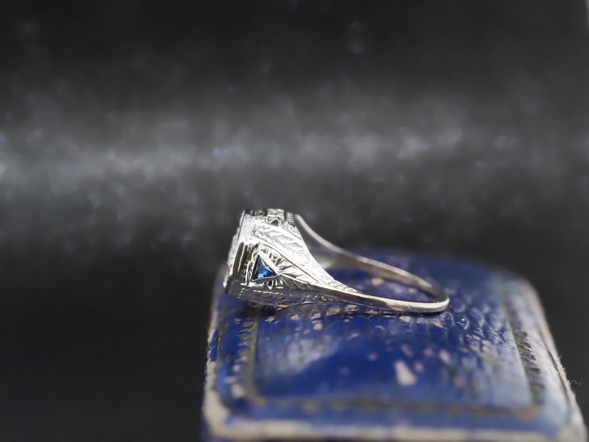 1920s 14K White Gold Art Deco Old European Diamond Ring with Sapphire Accents For Sale 3