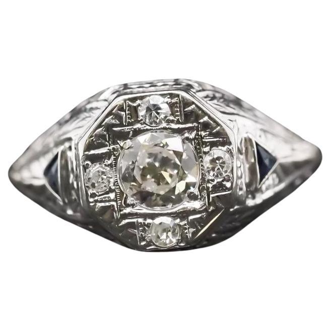 1920s 14K White Gold Art Deco Old European Diamond Ring with Sapphire Accents