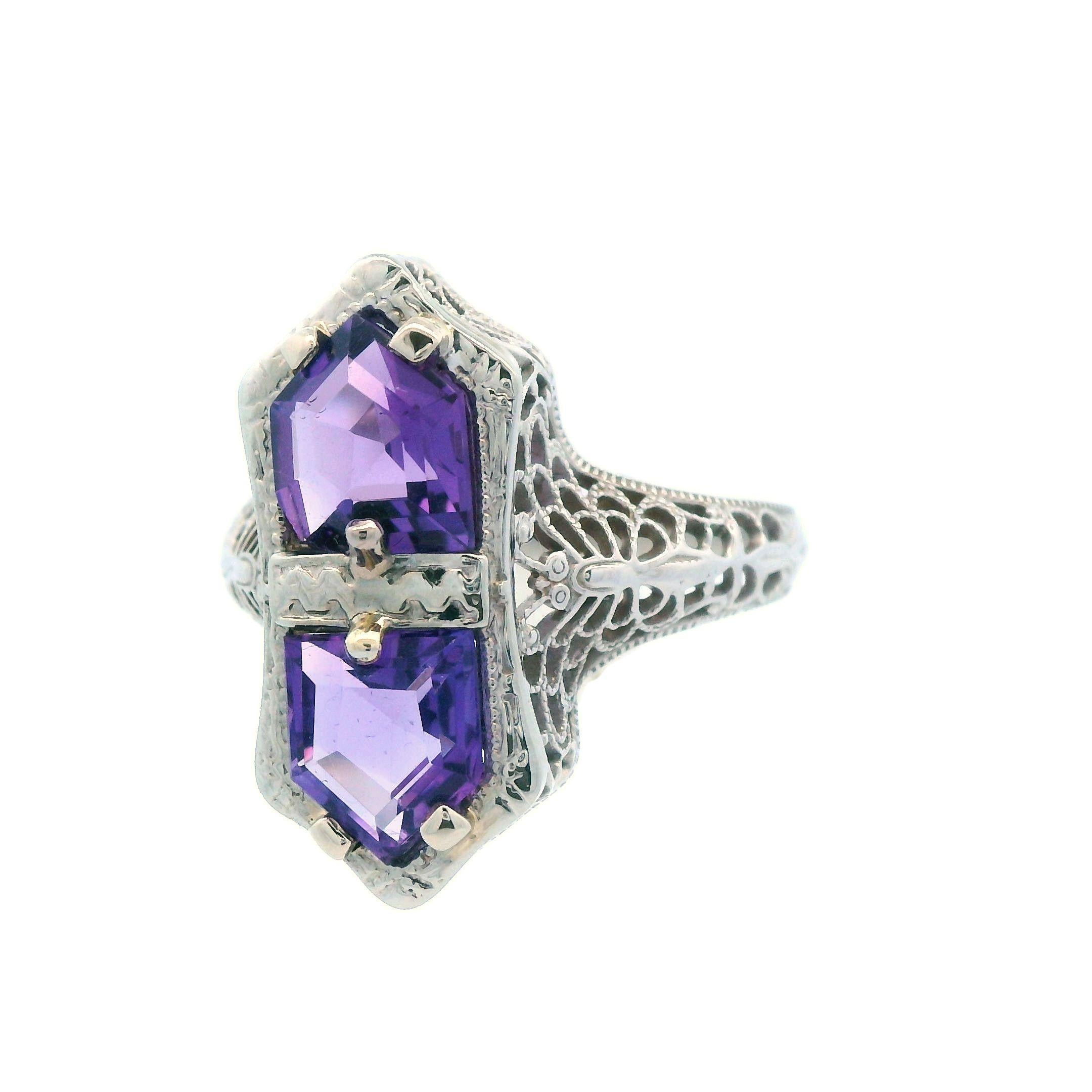 Mixed Cut 1920s 14K White Gold Filigree 3 Carat Amethyst Ring