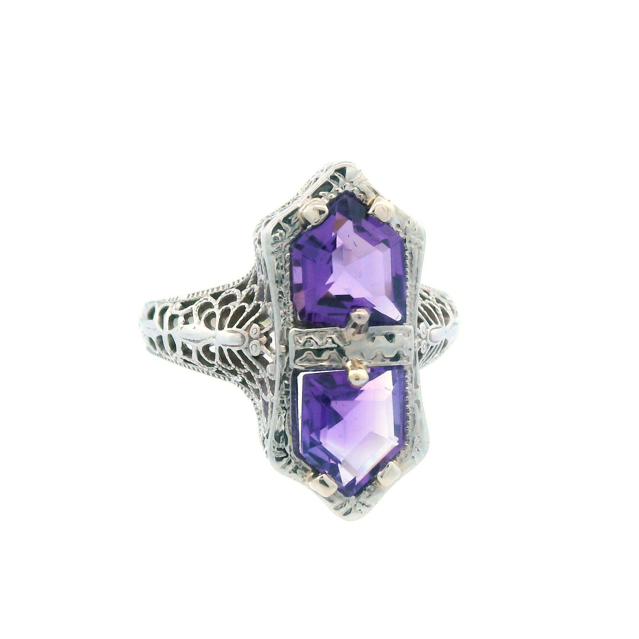 Women's 1920s 14K White Gold Filigree 3 Carat Amethyst Ring