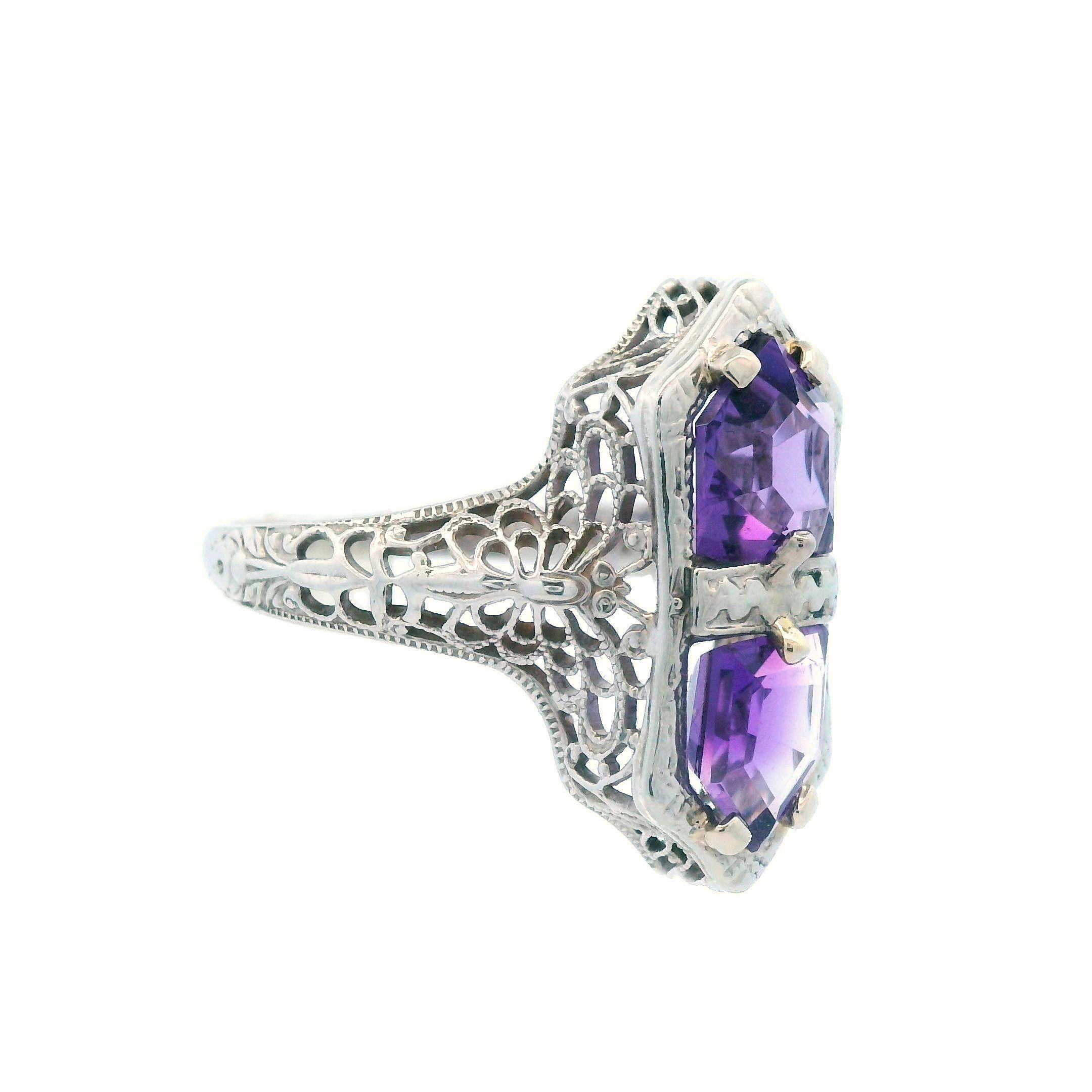 1920s 14K White Gold Filigree 3 Carat Amethyst Ring 1