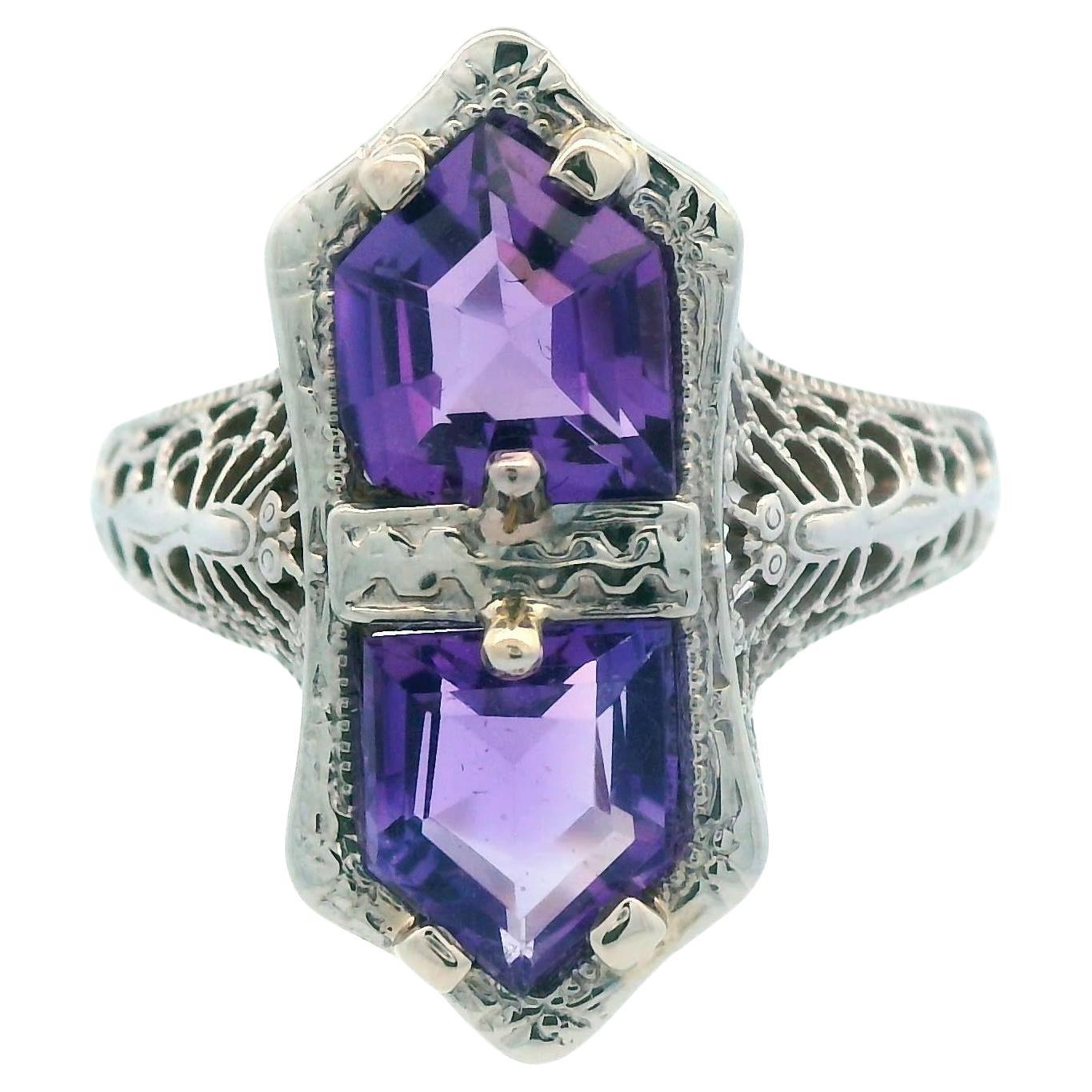 1920s 14K White Gold Filigree 3 Carat Amethyst Ring