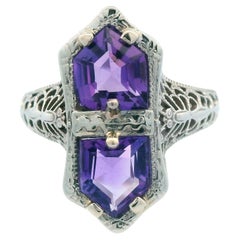 Antique 1920s 14K White Gold Filigree 3 Carat Amethyst Ring