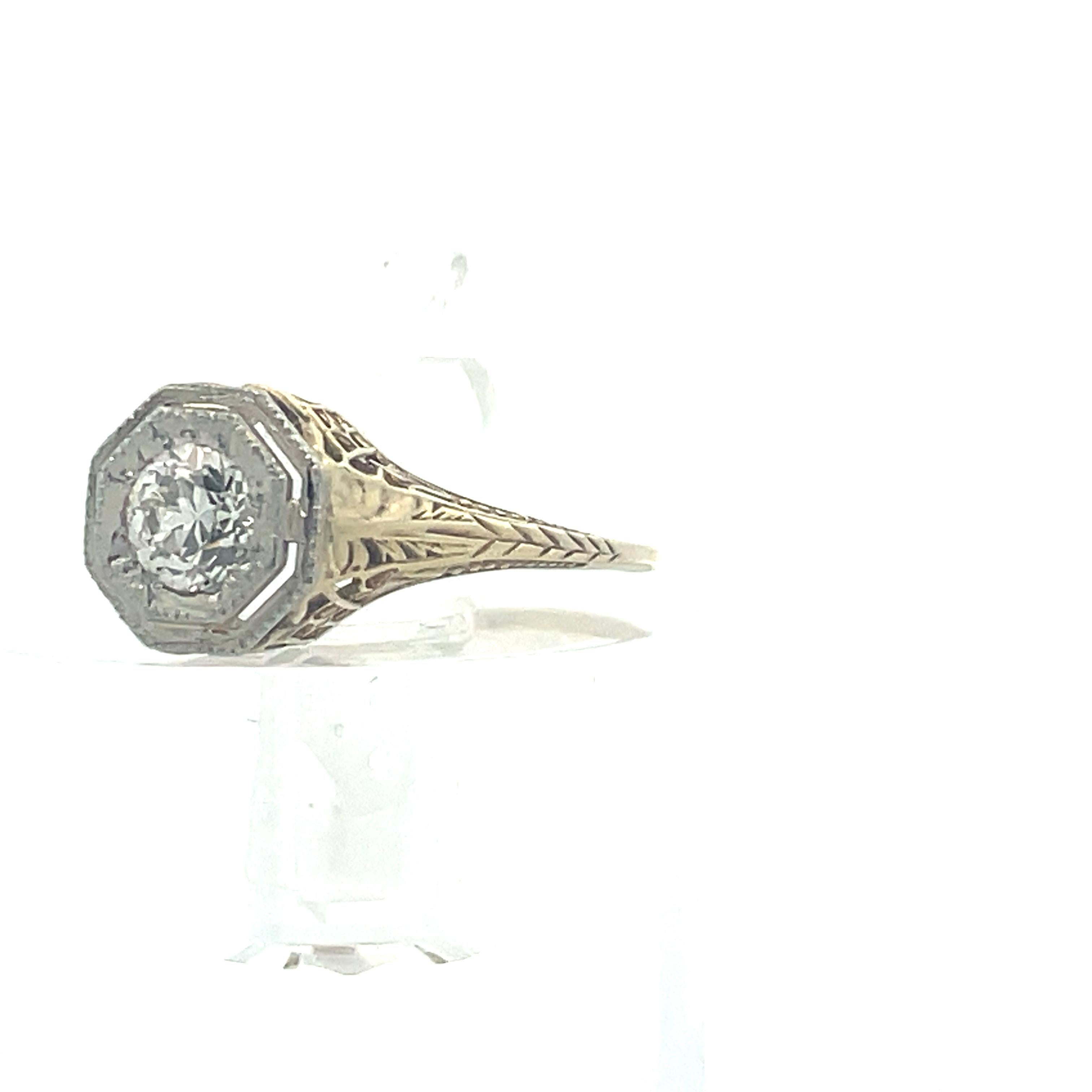 Old European Cut 1920s 14k Yellow Gold and Platinum Filigree Diamond Ring  For Sale