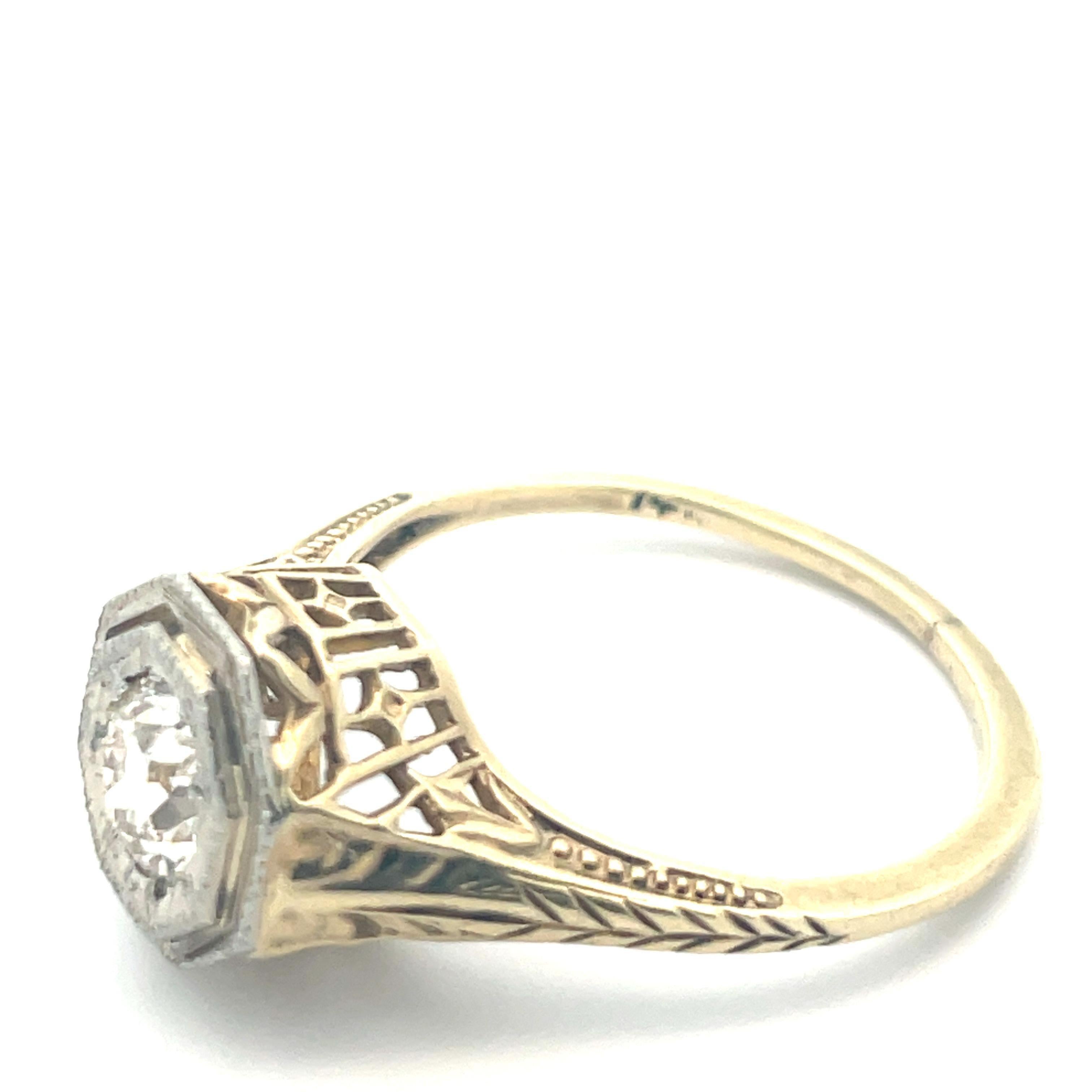 Old European Cut 1920s 14k Yellow Gold and Platinum Filigree Diamond Ring  For Sale