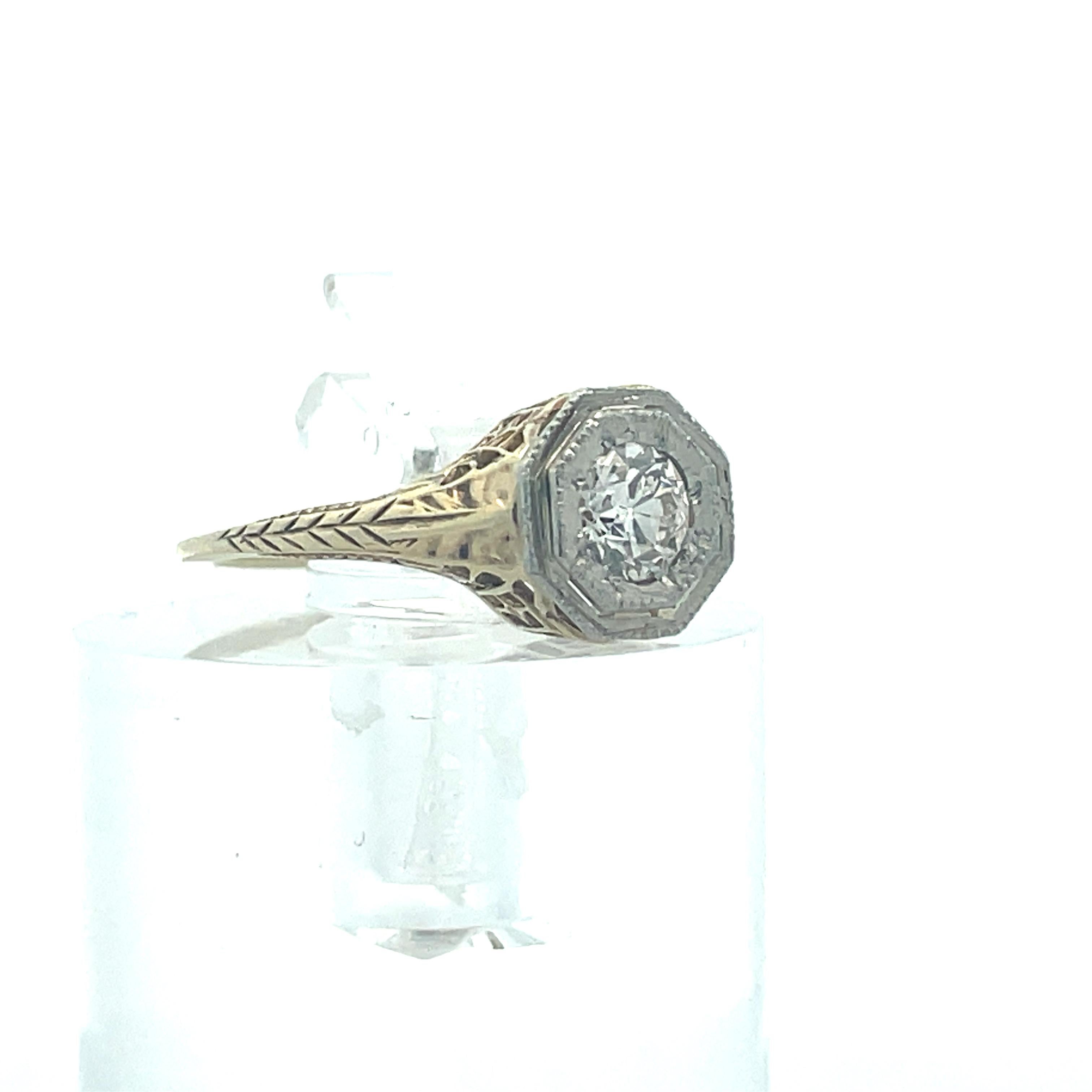 Women's or Men's 1920s 14k Yellow Gold and Platinum Filigree Diamond Ring  For Sale