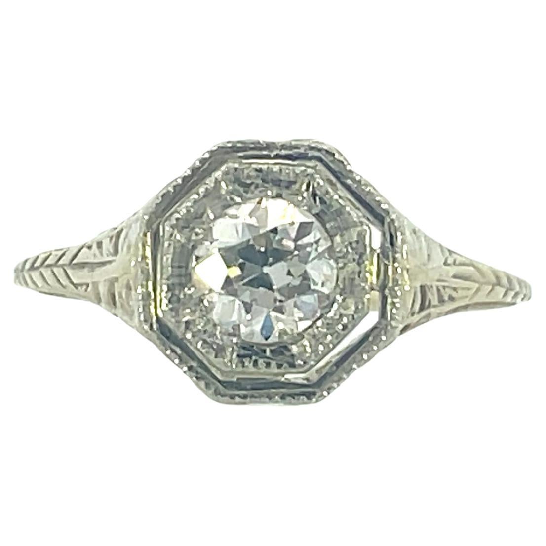 1920s 14k Yellow Gold and Platinum Filigree Diamond Ring  For Sale