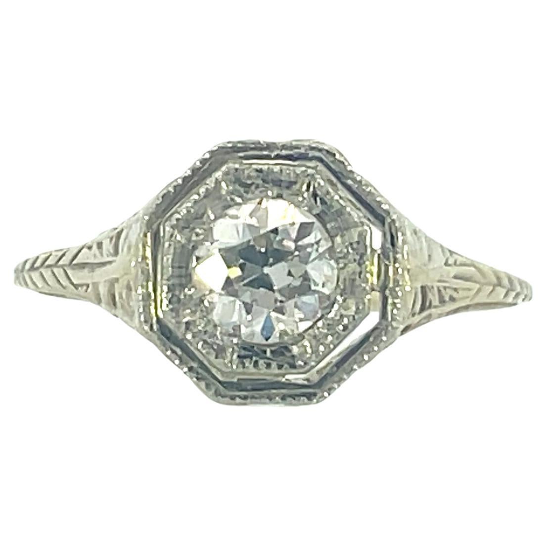 1920s 14k Yellow Gold and Platinum Filigree Diamond Ring