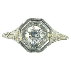 1920s 14k Yellow Gold and Platinum Filigree Diamond Ring 