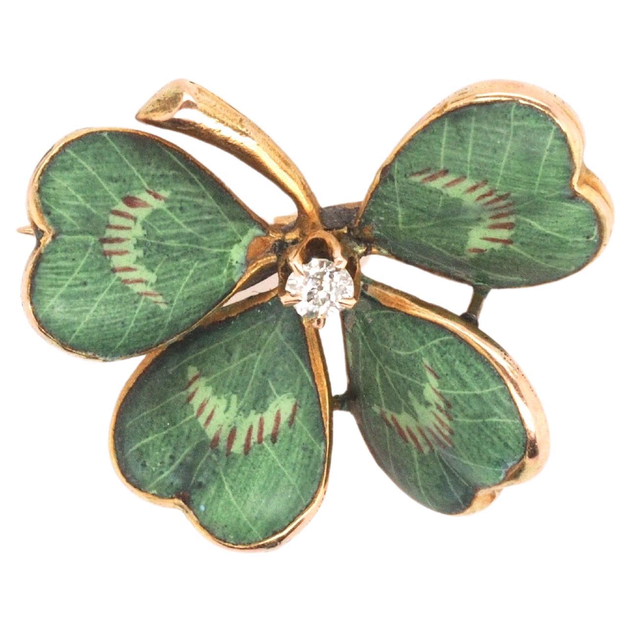 1920s 14K Yellow Gold Four Leaf Clover Enamel and Diamond Brooch For Sale