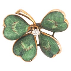 Vintage 1920s 14K Yellow Gold Four Leaf Clover Enamel and Diamond Brooch