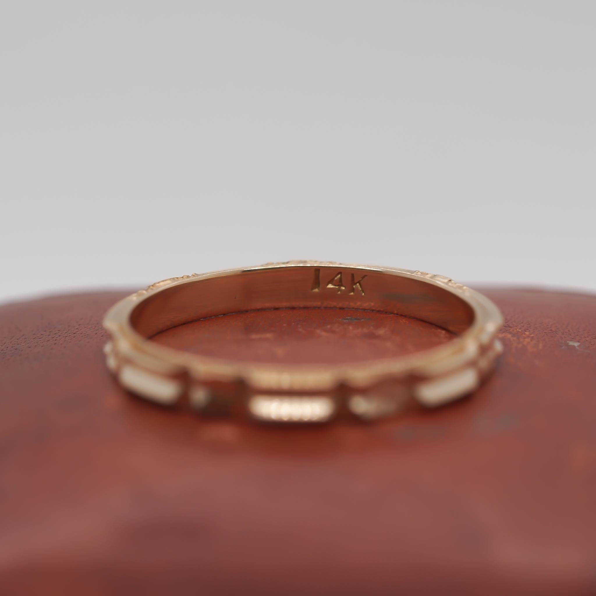 Year: 1920s
Item Details:
Ring Size: 4.5 (Sizable)
Metal Type: 14k Yellow Gold [Hallmarked, and Tested]
Weight: 1.1 grams
Band Width: 2mm
Condition: Excellent