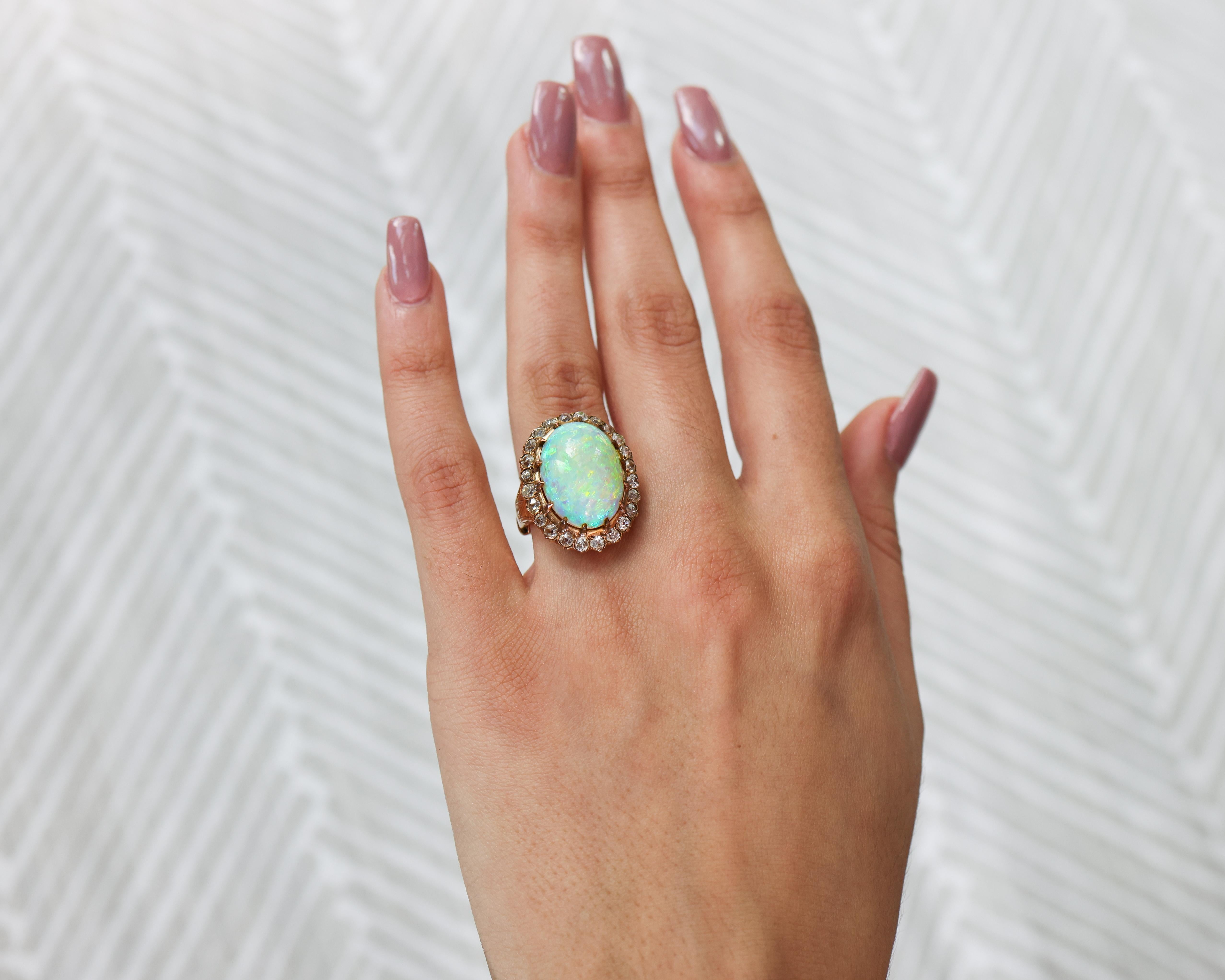 Art Deco 1920s 15 Carat Opal Ring with Diamonds, 14 Karat Gold