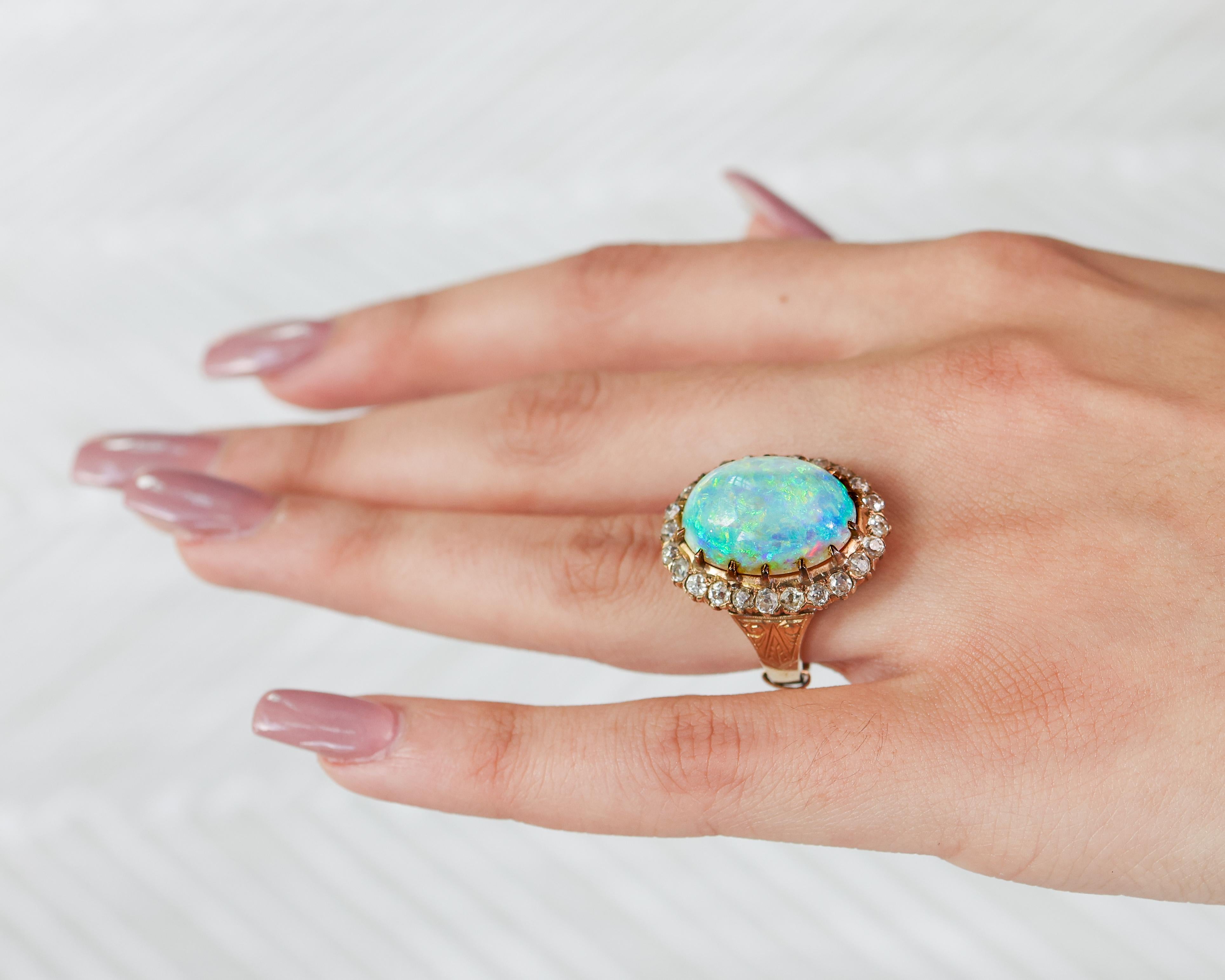 Cabochon 1920s 15 Carat Opal Ring with Diamonds, 14 Karat Gold