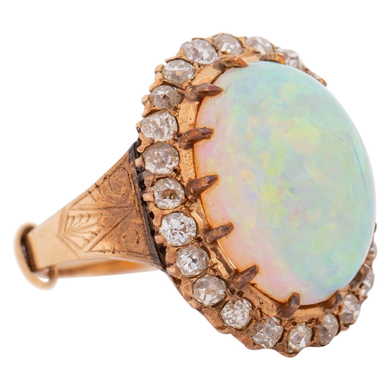 1920s 15 Carat Opal Ring with Diamonds, 14 Karat Gold