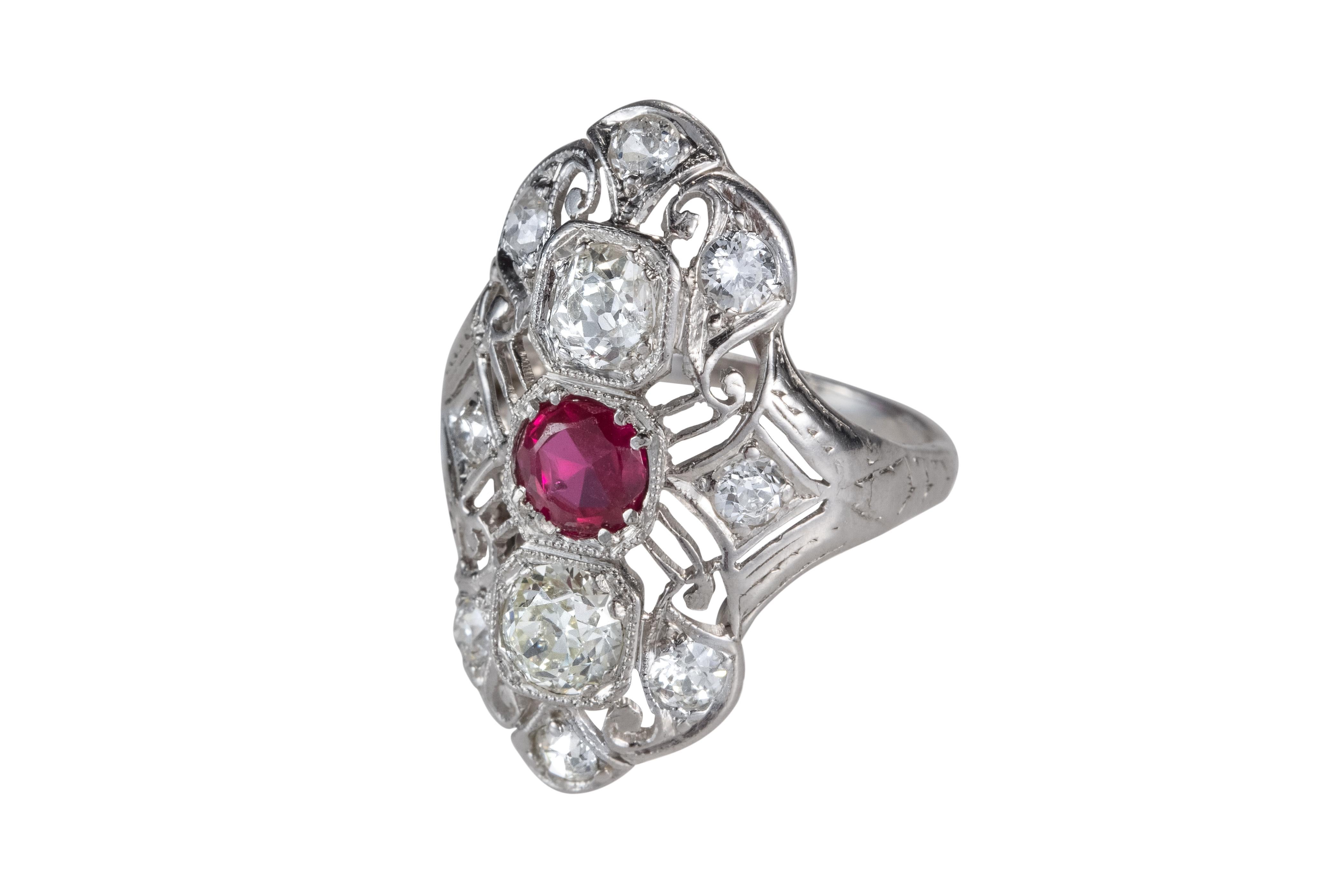 Women's or Men's 1920s 1.5 Carat Total Old Miner Diamond and Red Glass Platinum Shield Ring