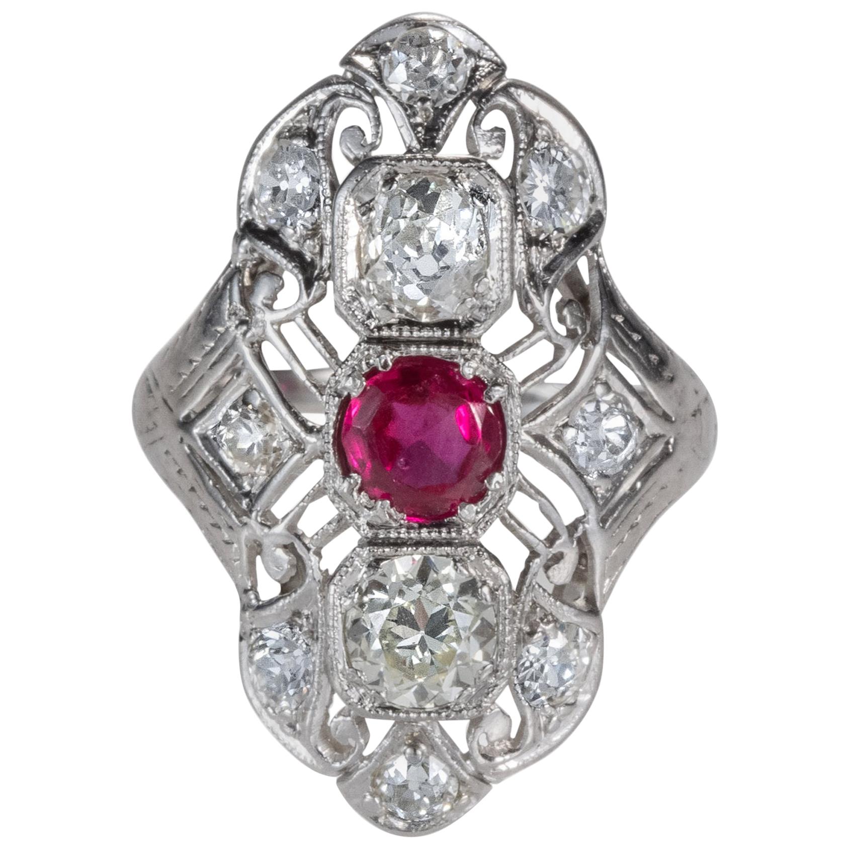 1920s 1.5 Carat Total Old Miner Diamond and Red Glass Platinum Shield Ring