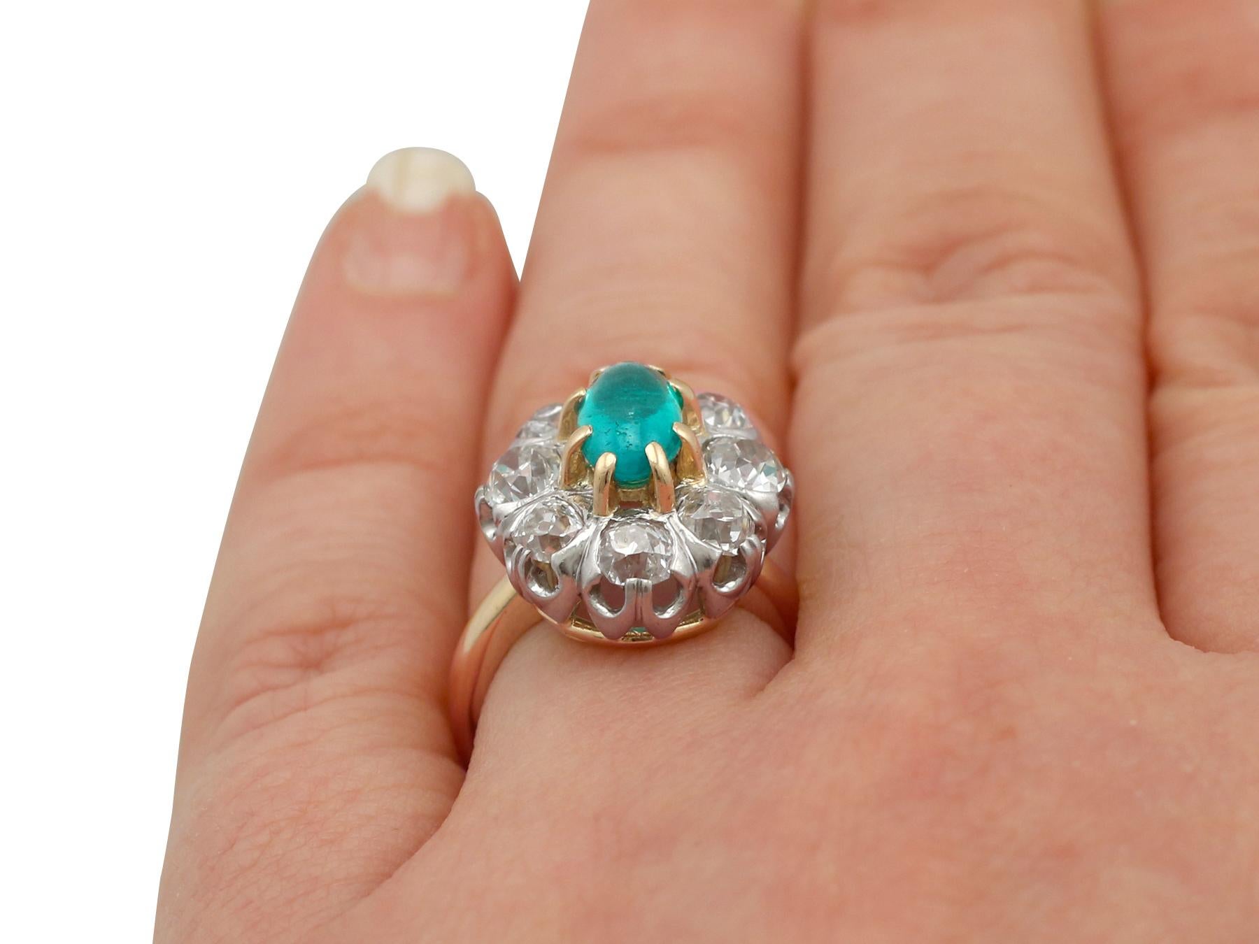 1920s 1.50 Carat Cabochon Cut Emerald and 2.85ct Diamond Gold Engagement Ring For Sale 2
