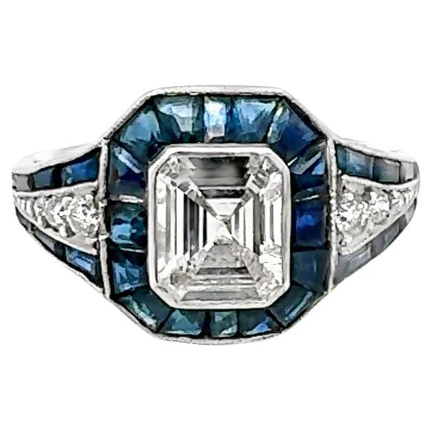 1920's 1.50ct Emerald Cut Diamond and Blue Sapphire Ring For Sale