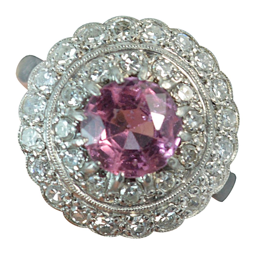 1920s 18 Carat Gold and Platinum Spinel and Diamond Target Halo Cluster Ring
