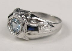 1920s 18 Karat Gold Ring Aquamarine and Sapphire Engagement