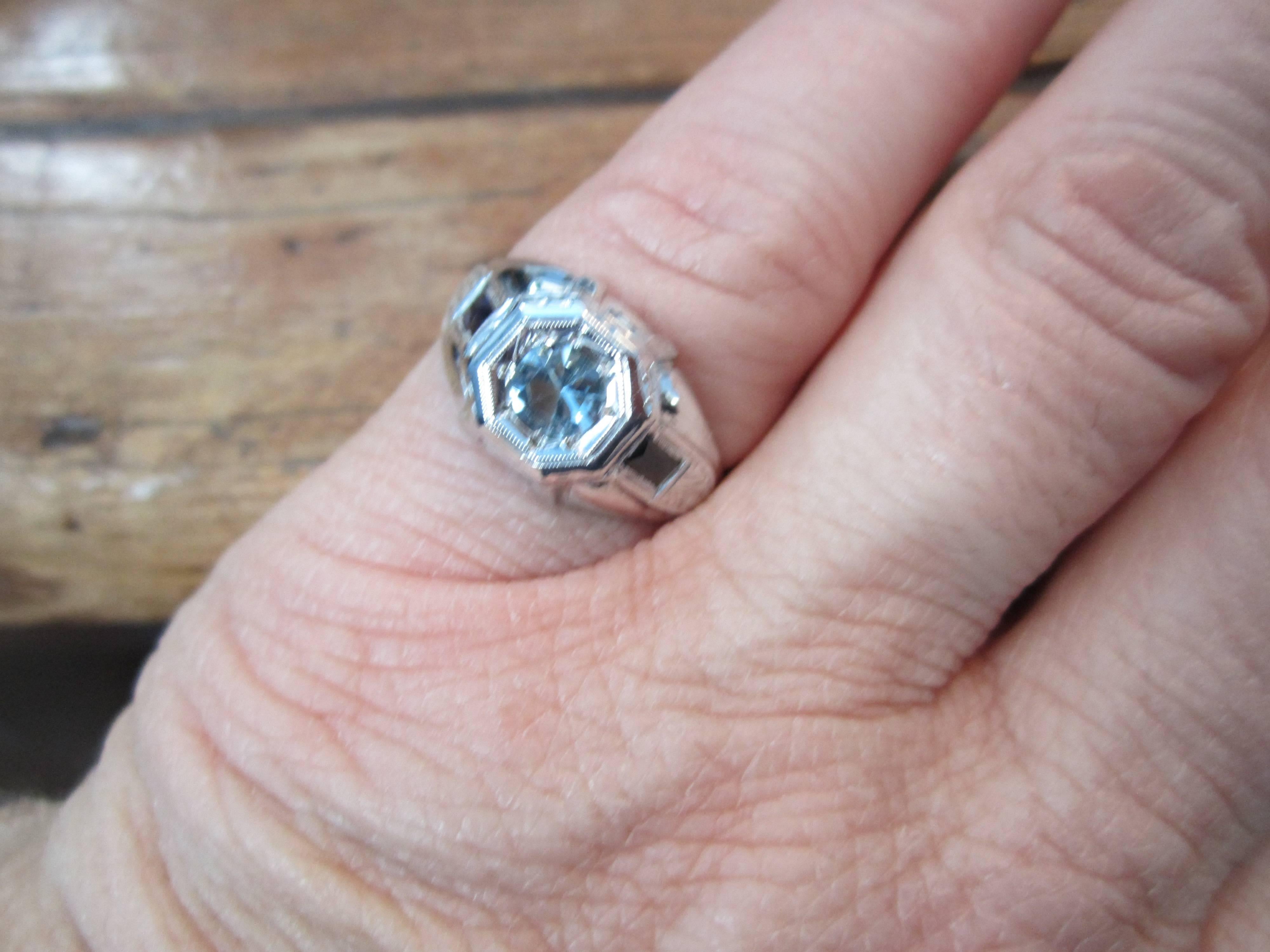 1920s 18 Karat Gold Ring Aquamarine and Sapphire Engagement In Good Condition For Sale In Wallkill, NY