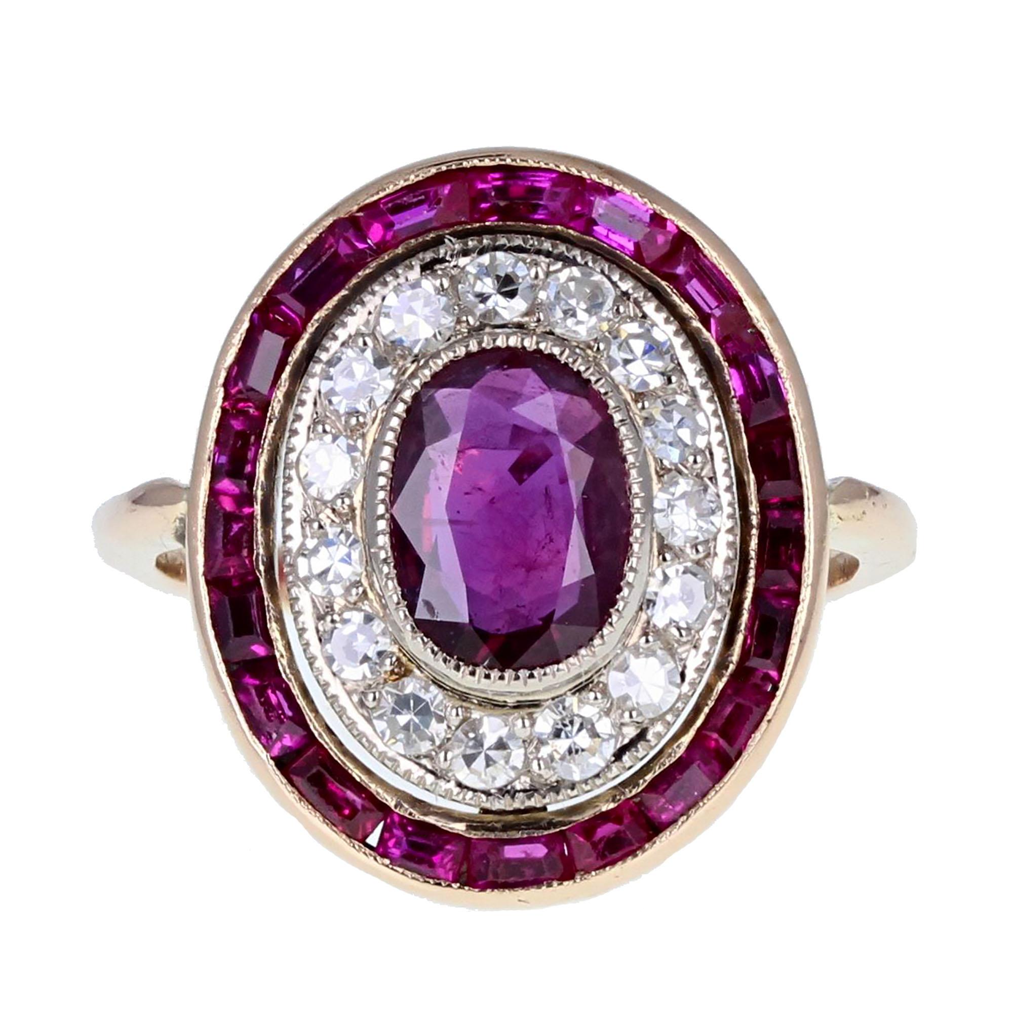 Art Deco 1920s 18 Carat Rose Gold Platinum Ruby Diamond Cluster Ring For Sale